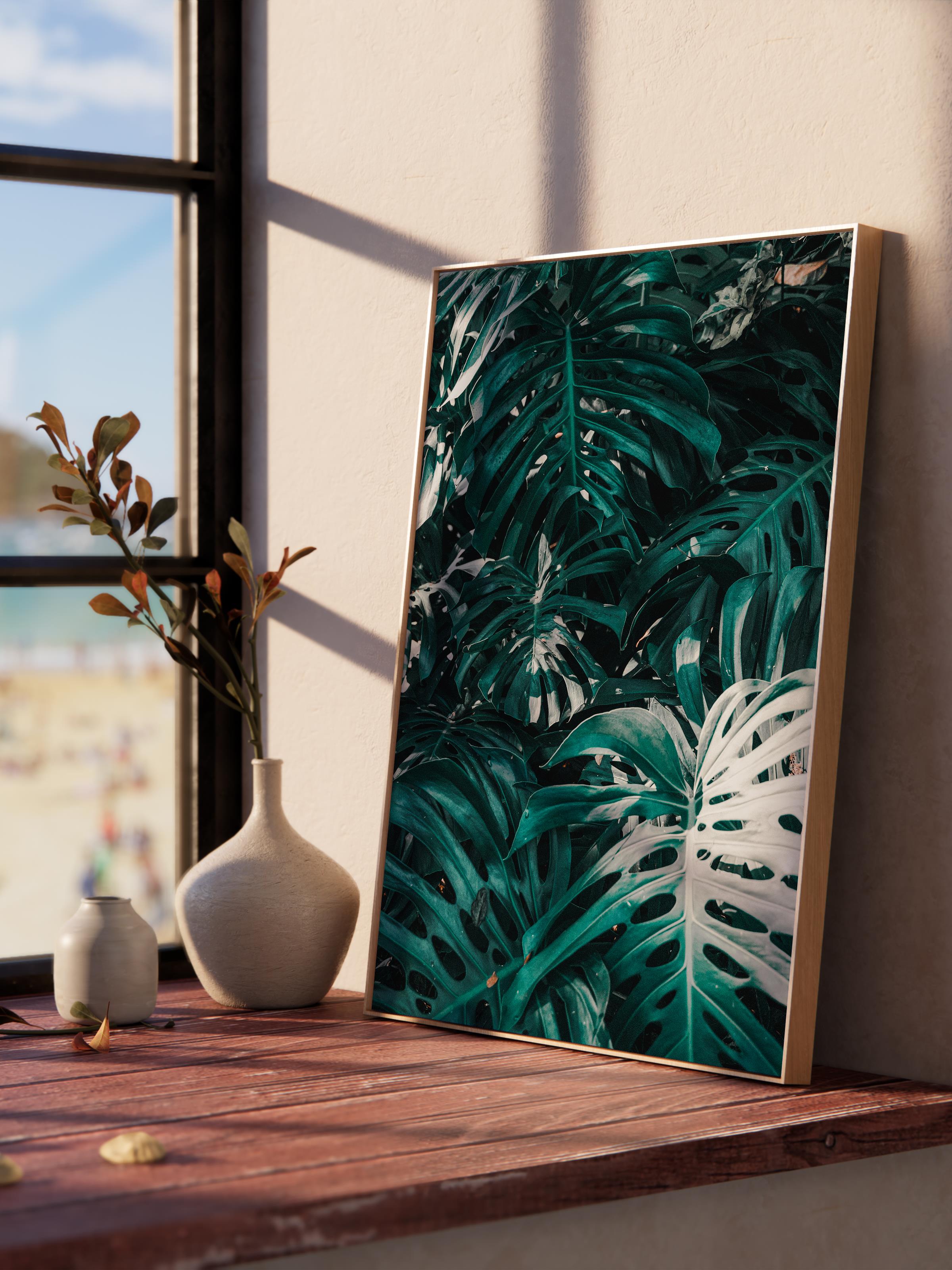 Çerçevesiz Poster, Yaz Temalı Tablo NO:210, Tropikal Yapraklar Fotoğrafı, Koyu Yeşil Poster, Dikey