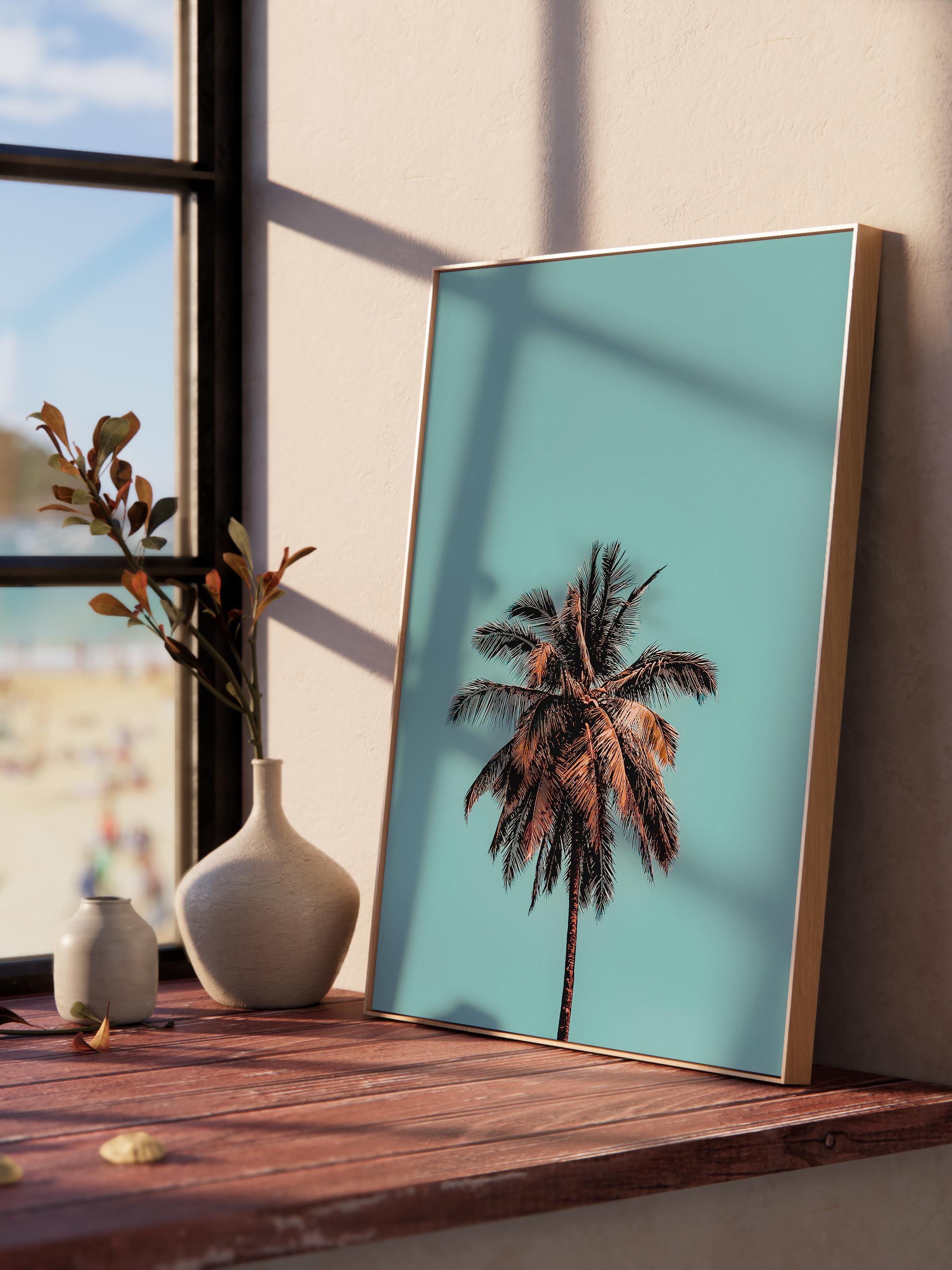 Çerçevesiz Poster, Yaz Temalı Tablo NO:212, Palmiye ve Mavi Gökyüzü Fotoğrafı, Mavi Poster, Dikey