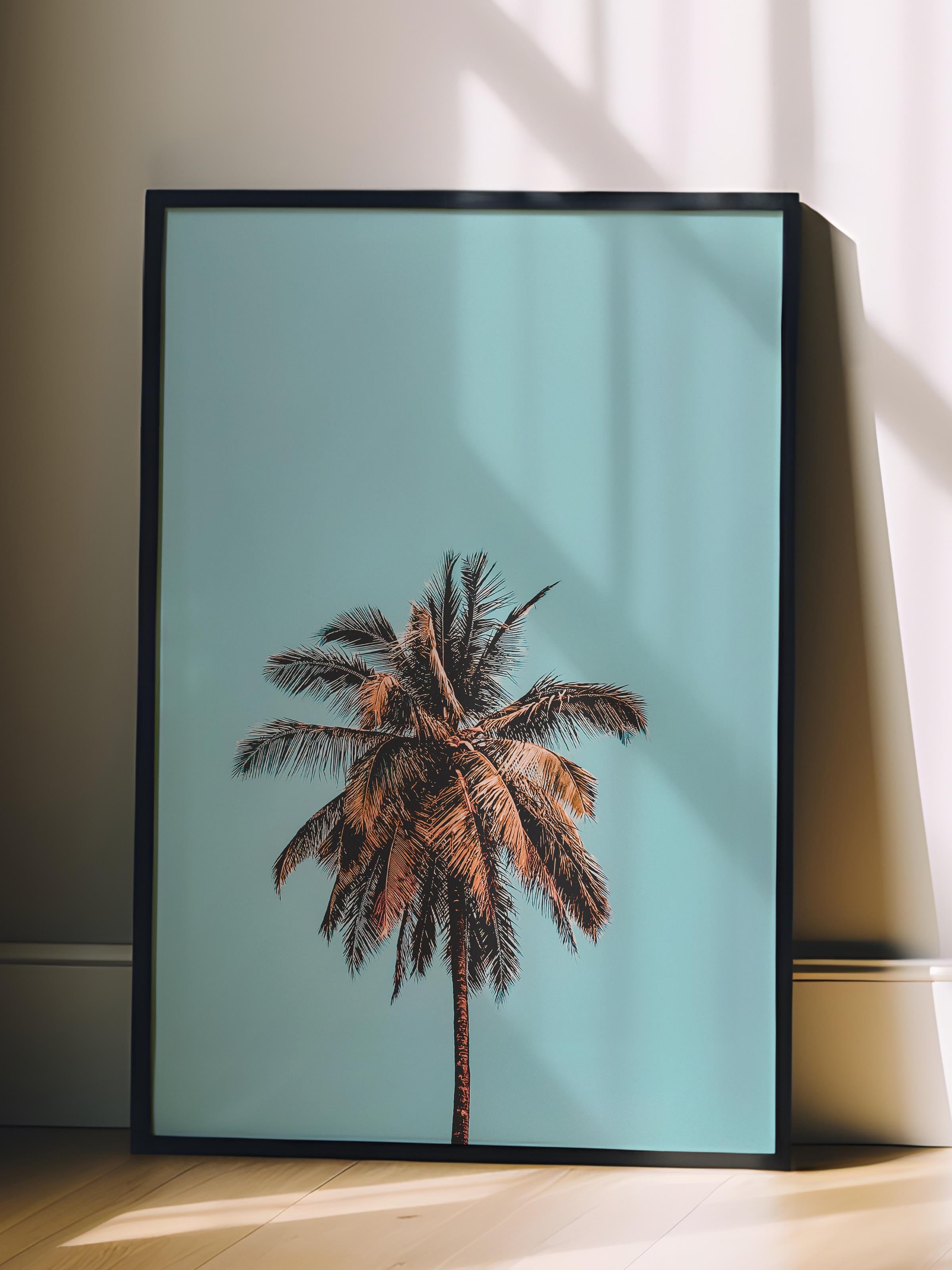 Çerçevesiz Poster, Yaz Temalı Tablo NO:212, Palmiye ve Mavi Gökyüzü Fotoğrafı, Mavi Poster, Dikey