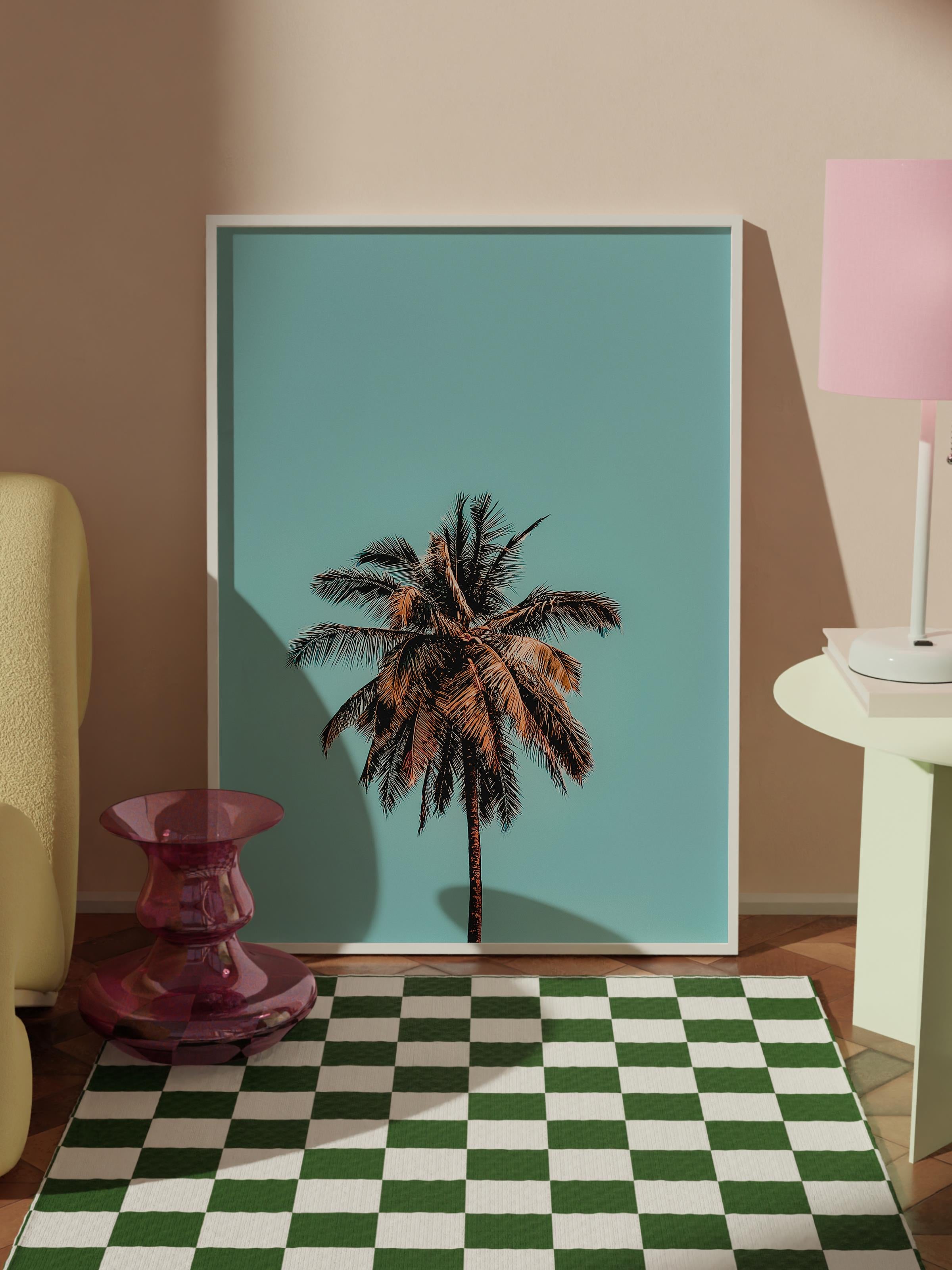 Çerçevesiz Poster, Yaz Temalı Tablo NO:212, Palmiye ve Mavi Gökyüzü Fotoğrafı, Mavi Poster, Dikey