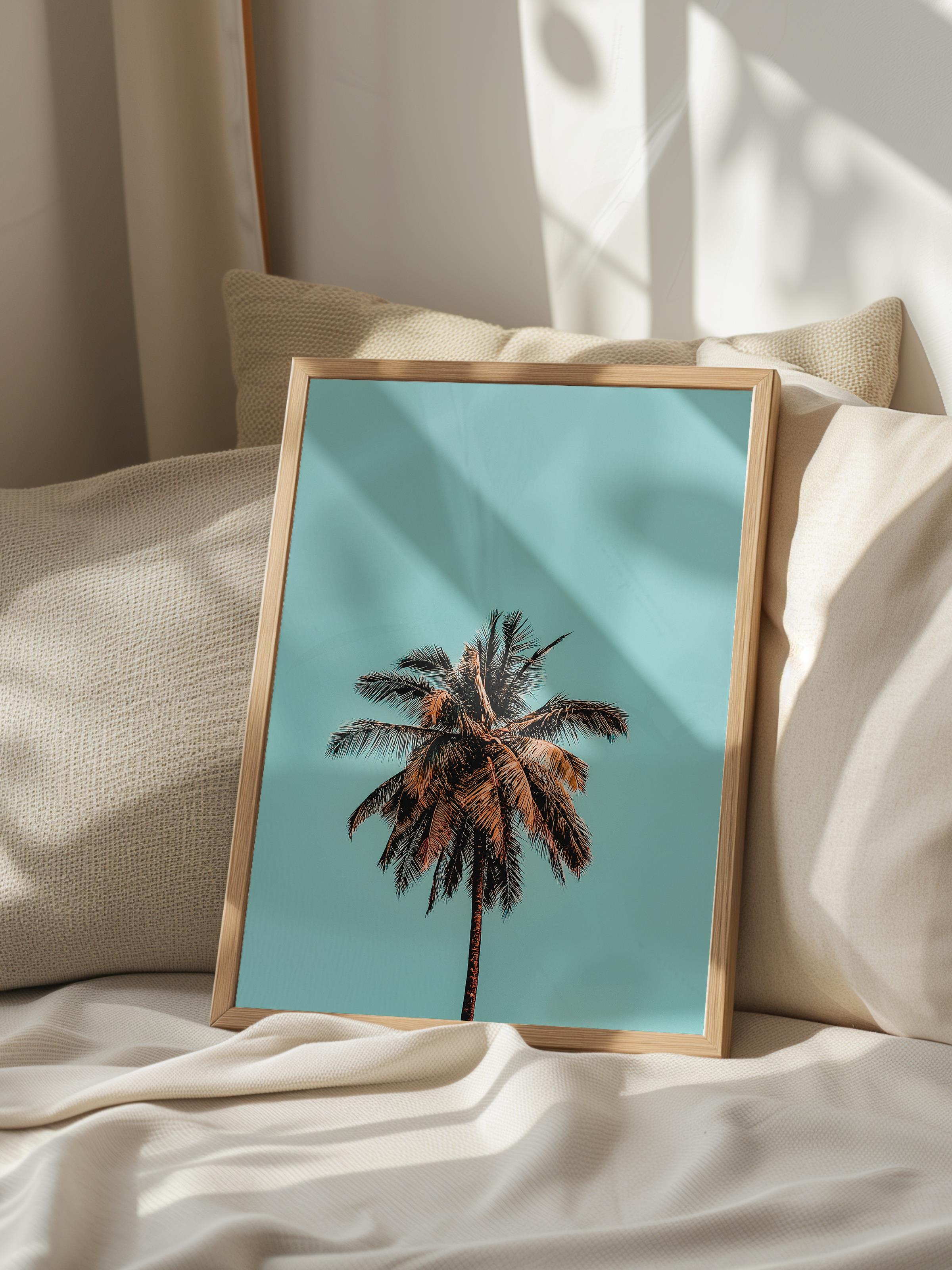 Çerçevesiz Poster, Yaz Temalı Tablo NO:212, Palmiye ve Mavi Gökyüzü Fotoğrafı, Mavi Poster, Dikey