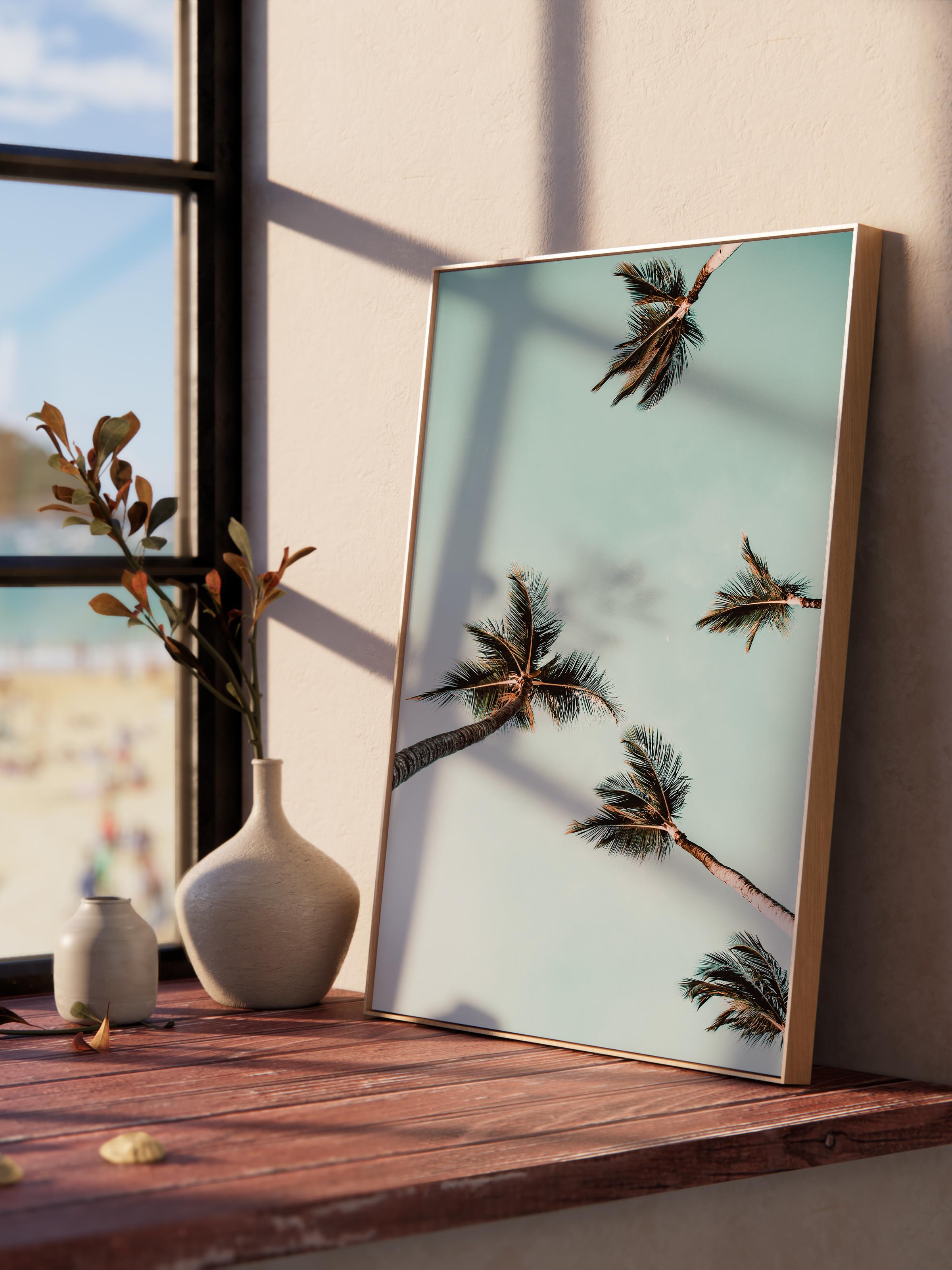 Çerçevesiz Poster, Yaz Temalı Tablo NO:214, Uçan Palmiye Ağaçları Fotoğrafı, Mavi Poster, Dikey