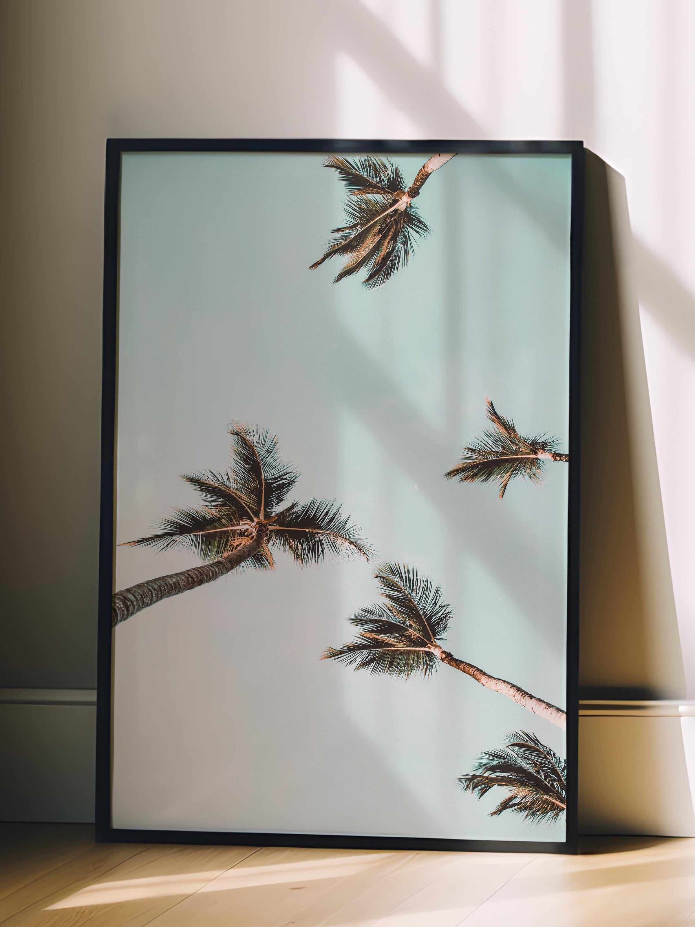 Çerçevesiz Poster, Yaz Temalı Tablo NO:214, Uçan Palmiye Ağaçları Fotoğrafı, Mavi Poster, Dikey