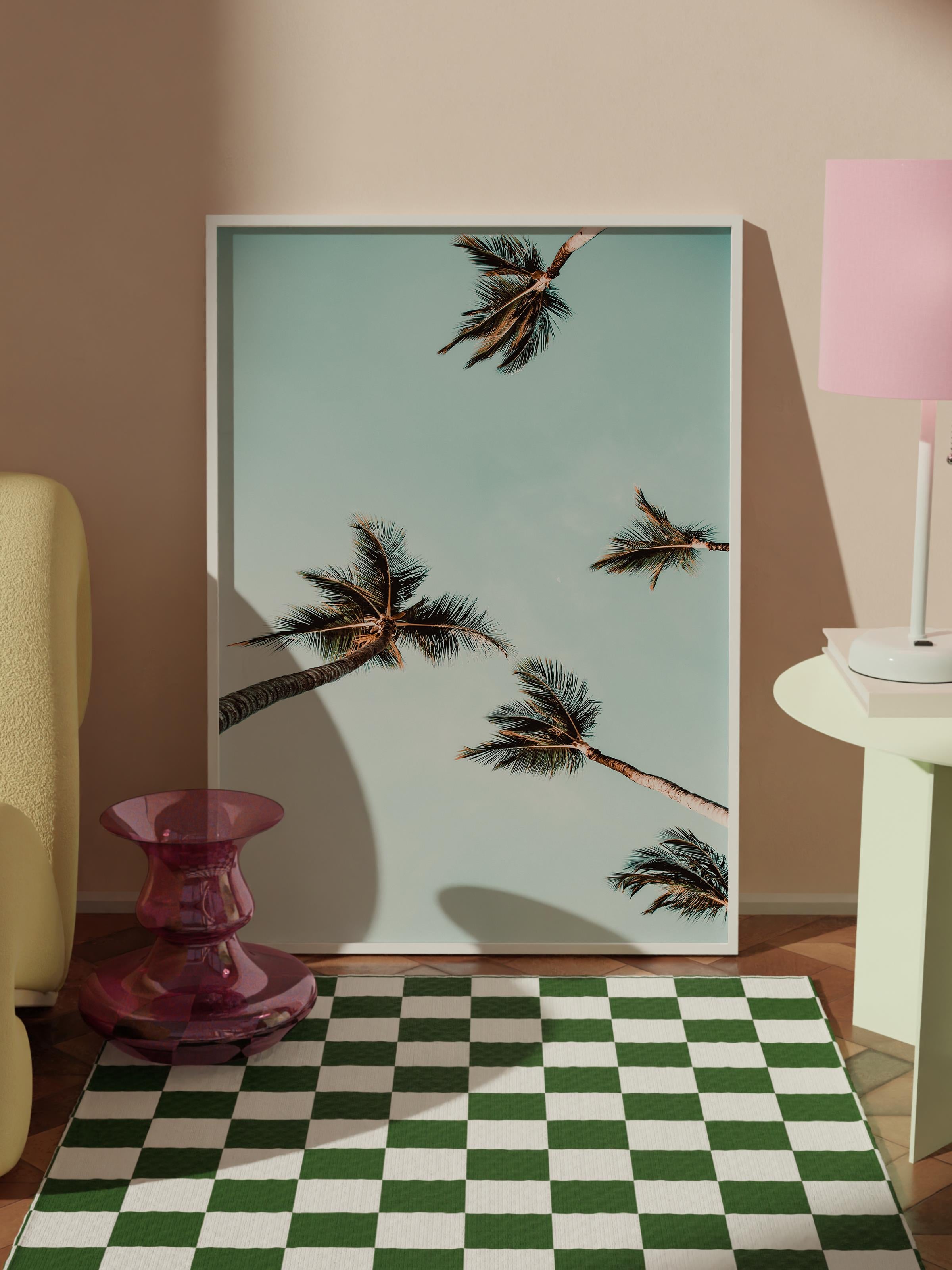 Çerçevesiz Poster, Yaz Temalı Tablo NO:214, Uçan Palmiye Ağaçları Fotoğrafı, Mavi Poster, Dikey