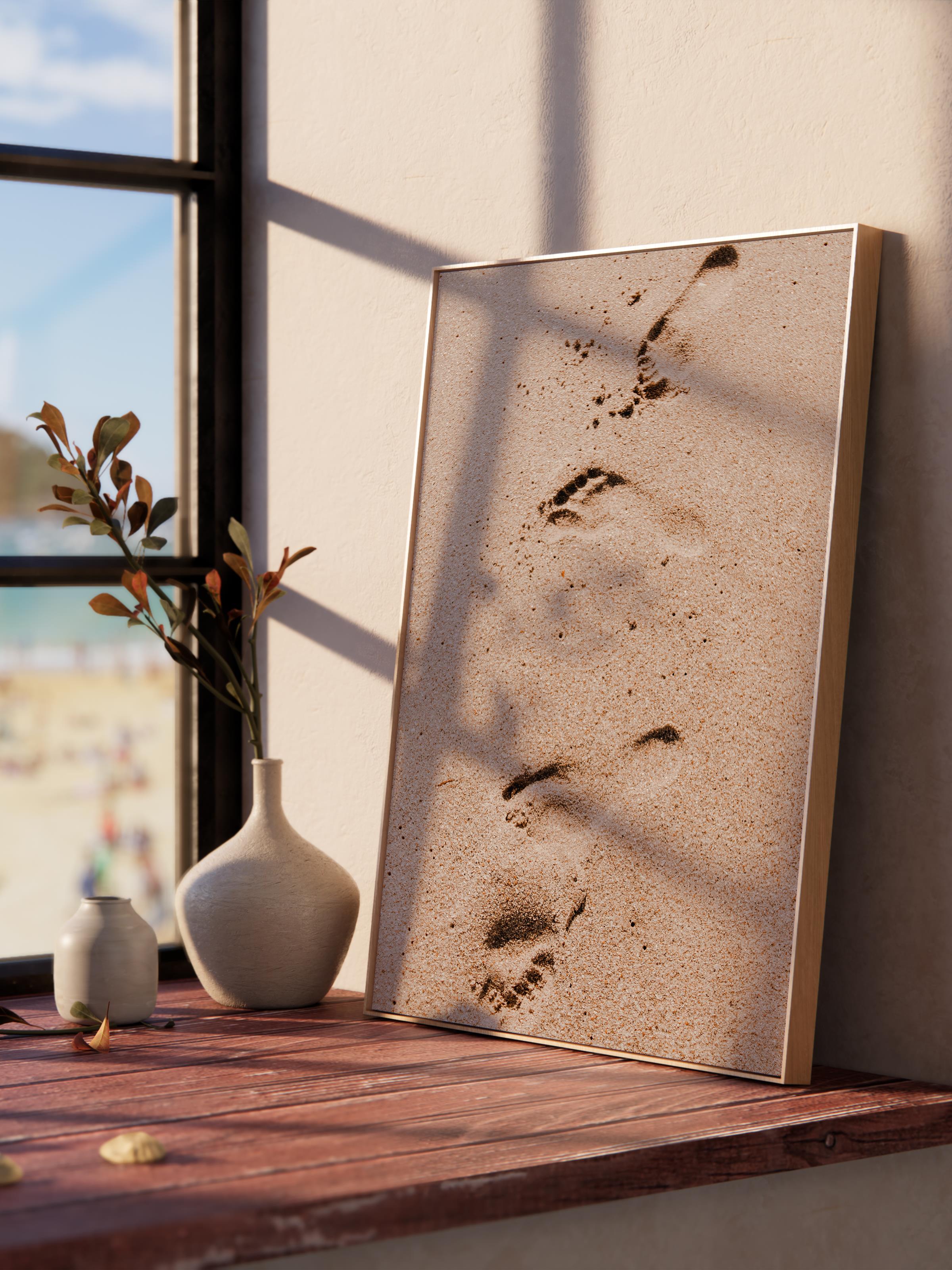 Çerçevesiz Poster, Yaz Temalı Tablo NO:215, Kumda Ayak İzleri Fotoğrafı, Bej Poster, Dikey