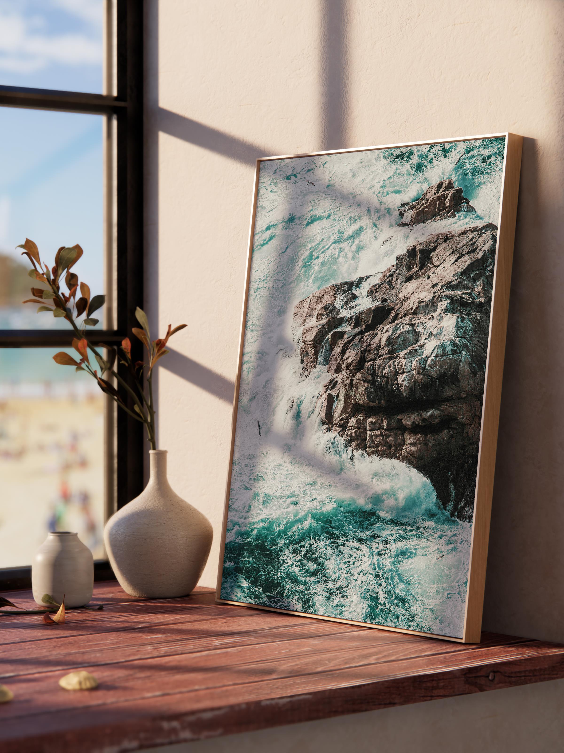 Çerçevesiz Poster, Yaz Temalı Tablo NO:219, Kayalıklar ve Deniz Fotoğrafı, Mavi Poster, Dikey