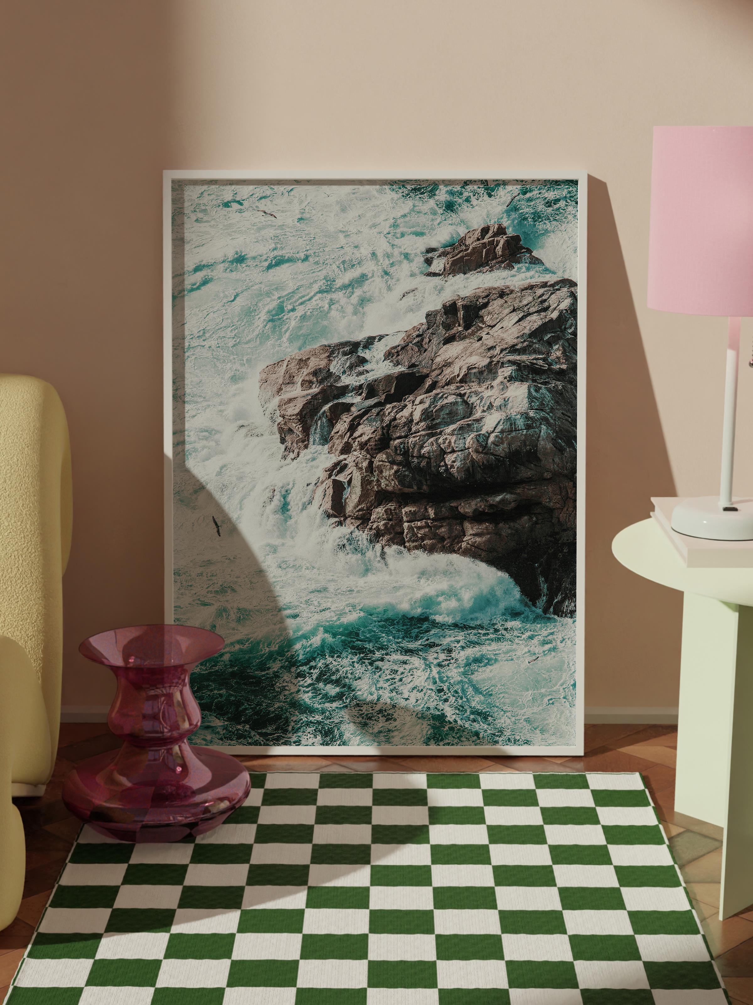 Çerçevesiz Poster, Yaz Temalı Tablo NO:219, Kayalıklar ve Deniz Fotoğrafı, Mavi Poster, Dikey