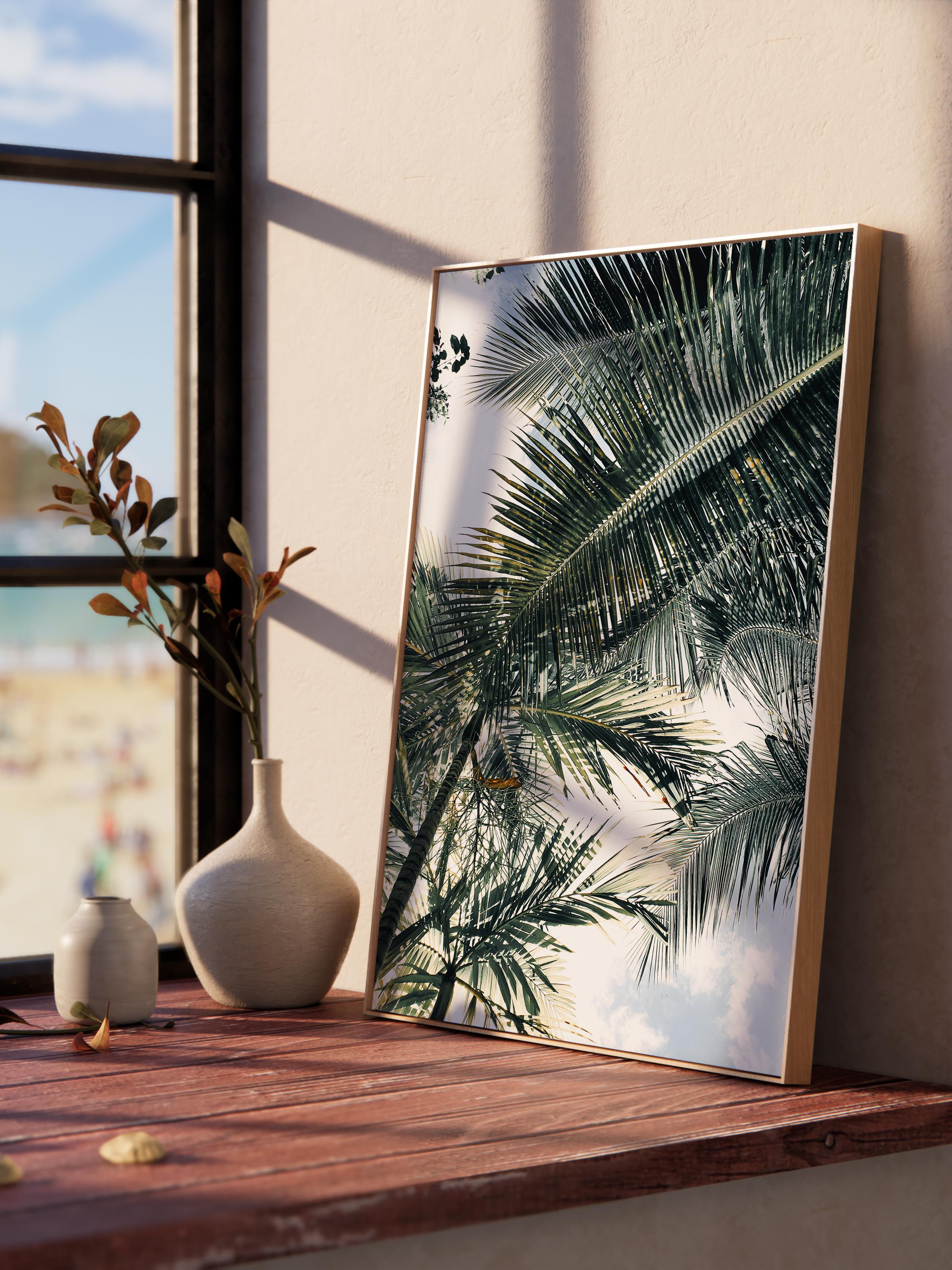 Çerçevesiz Poster, Yaz Temalı Tablo NO:220, Palmiye ve Mavi Gökyüzü Fotoğrafı, Mavi Poster, Dikey