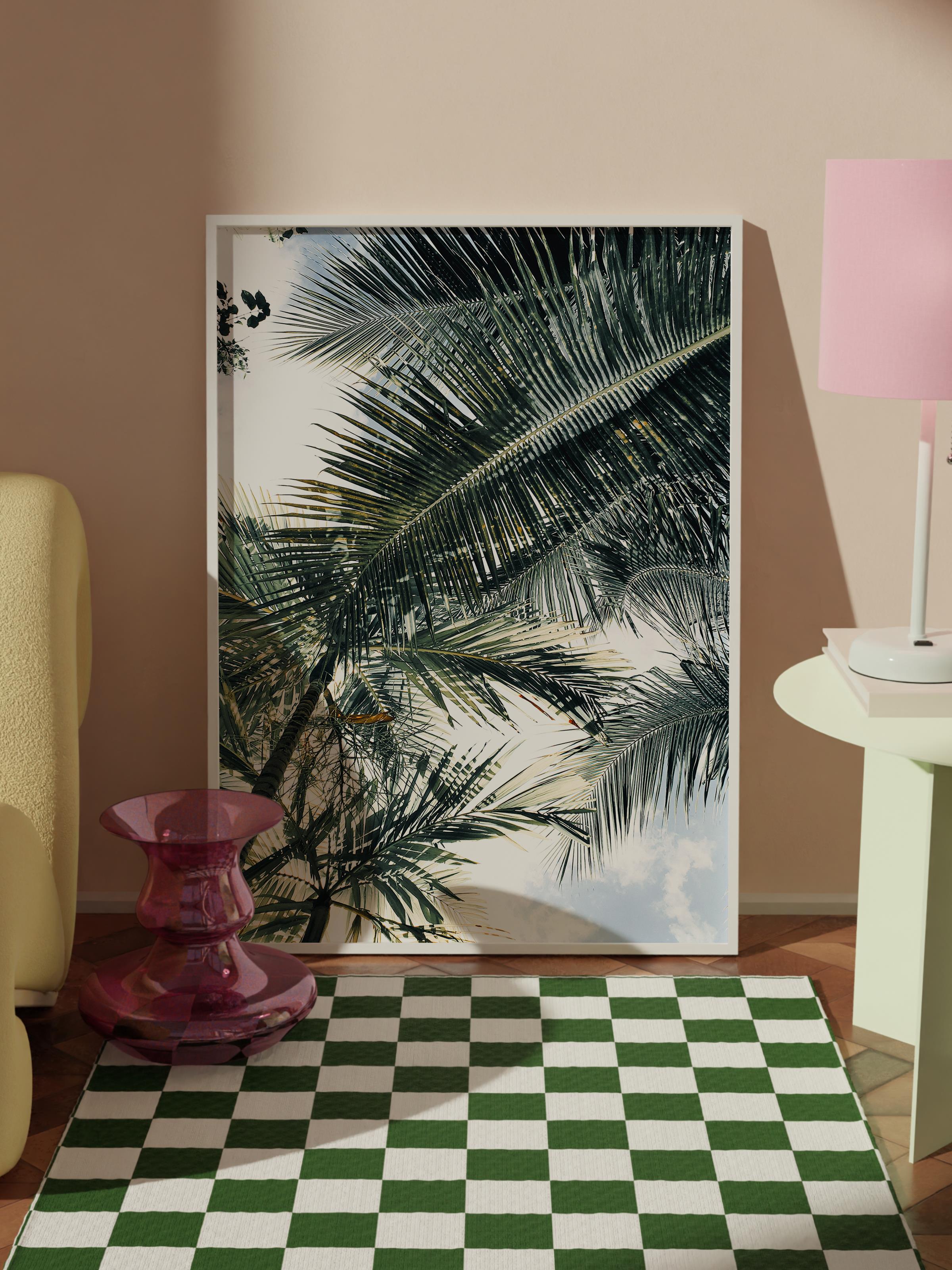 Çerçevesiz Poster, Yaz Temalı Tablo NO:220, Palmiye ve Mavi Gökyüzü Fotoğrafı, Mavi Poster, Dikey