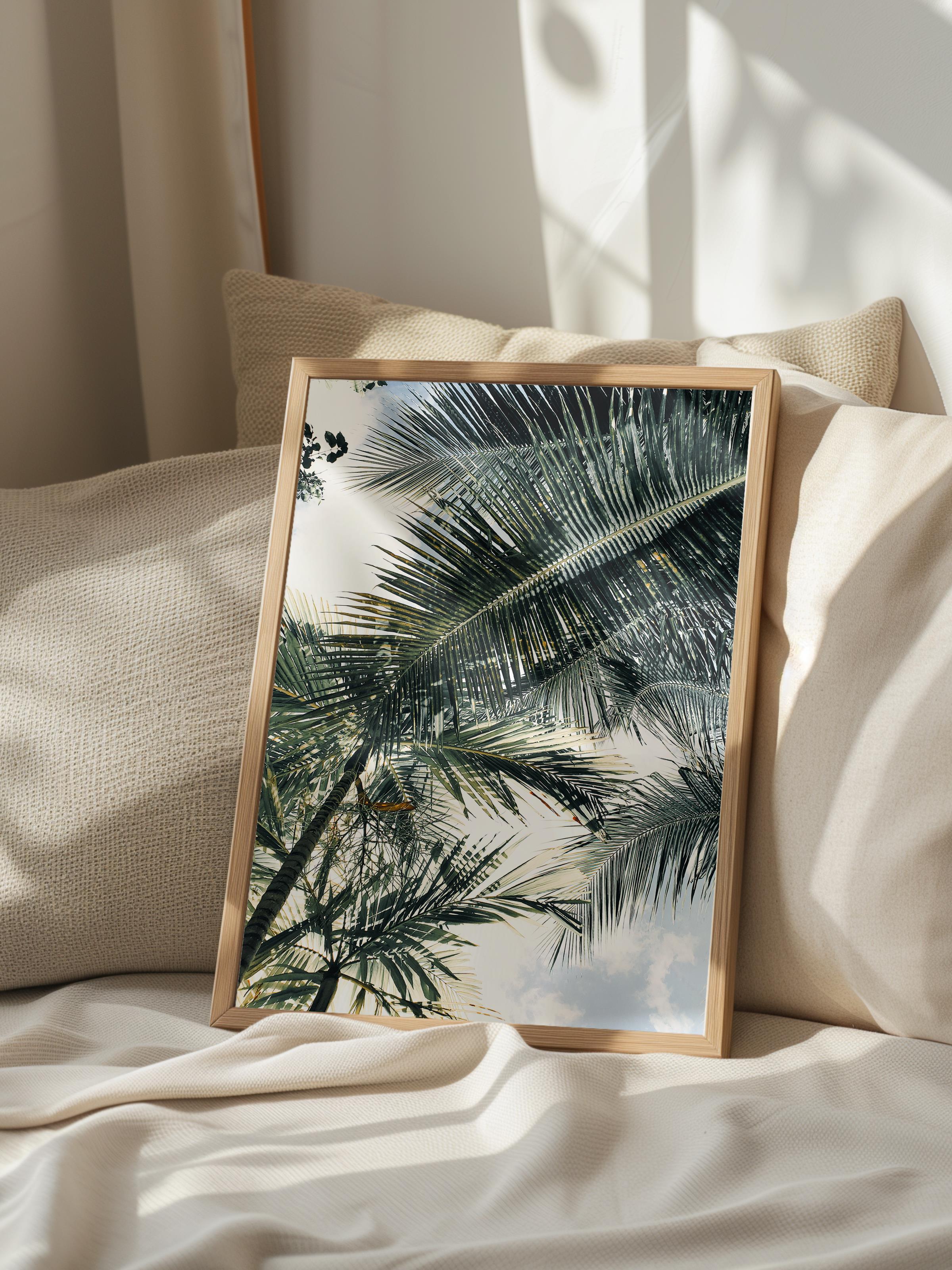 Çerçevesiz Poster, Yaz Temalı Tablo NO:220, Palmiye ve Mavi Gökyüzü Fotoğrafı, Mavi Poster, Dikey