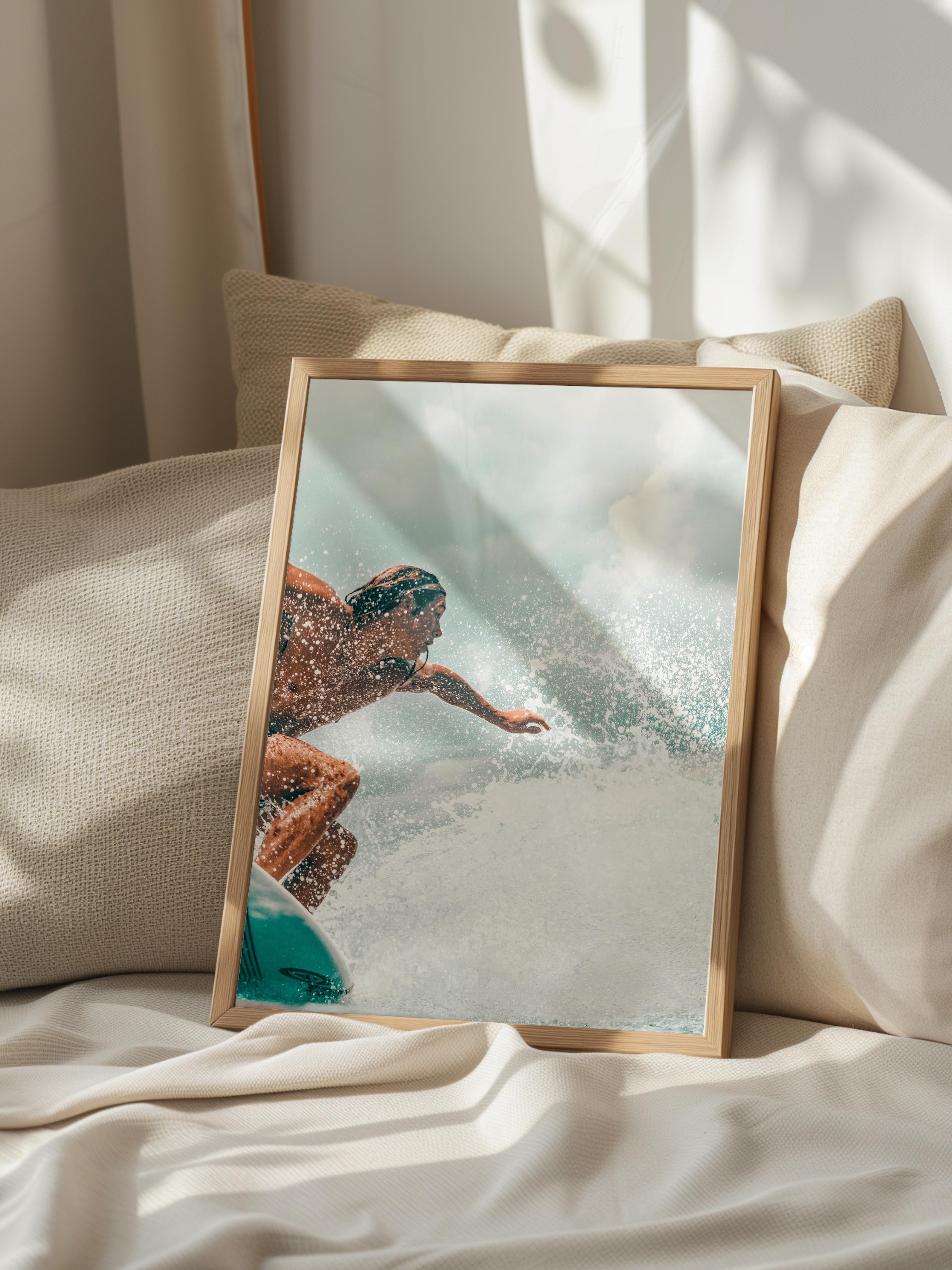 Çerçevesiz Poster, Yaz Temalı Tablo NO:225, Sörfçü ve Dalga Fotoğrafı, Mavi Poster, Dikey