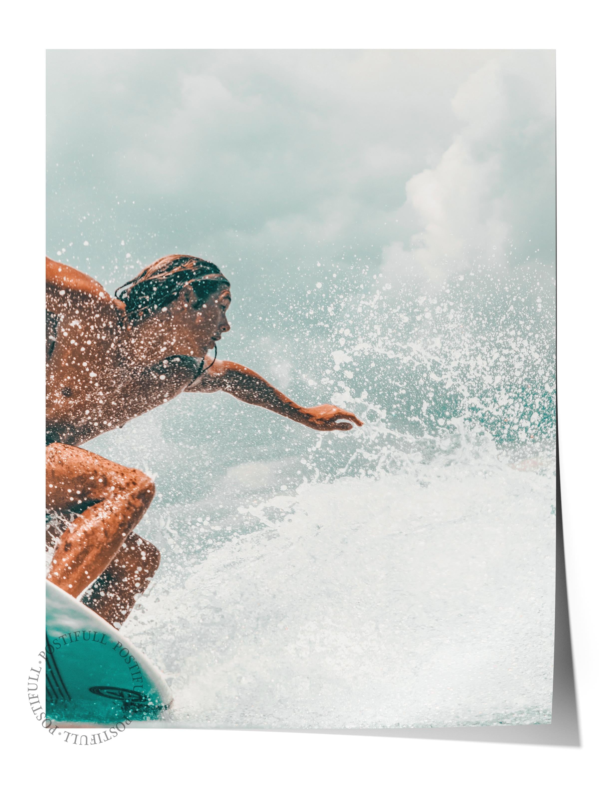 Çerçevesiz Poster, Yaz Temalı Tablo NO:225, Sörfçü ve Dalga Fotoğrafı, Mavi Poster, Dikey