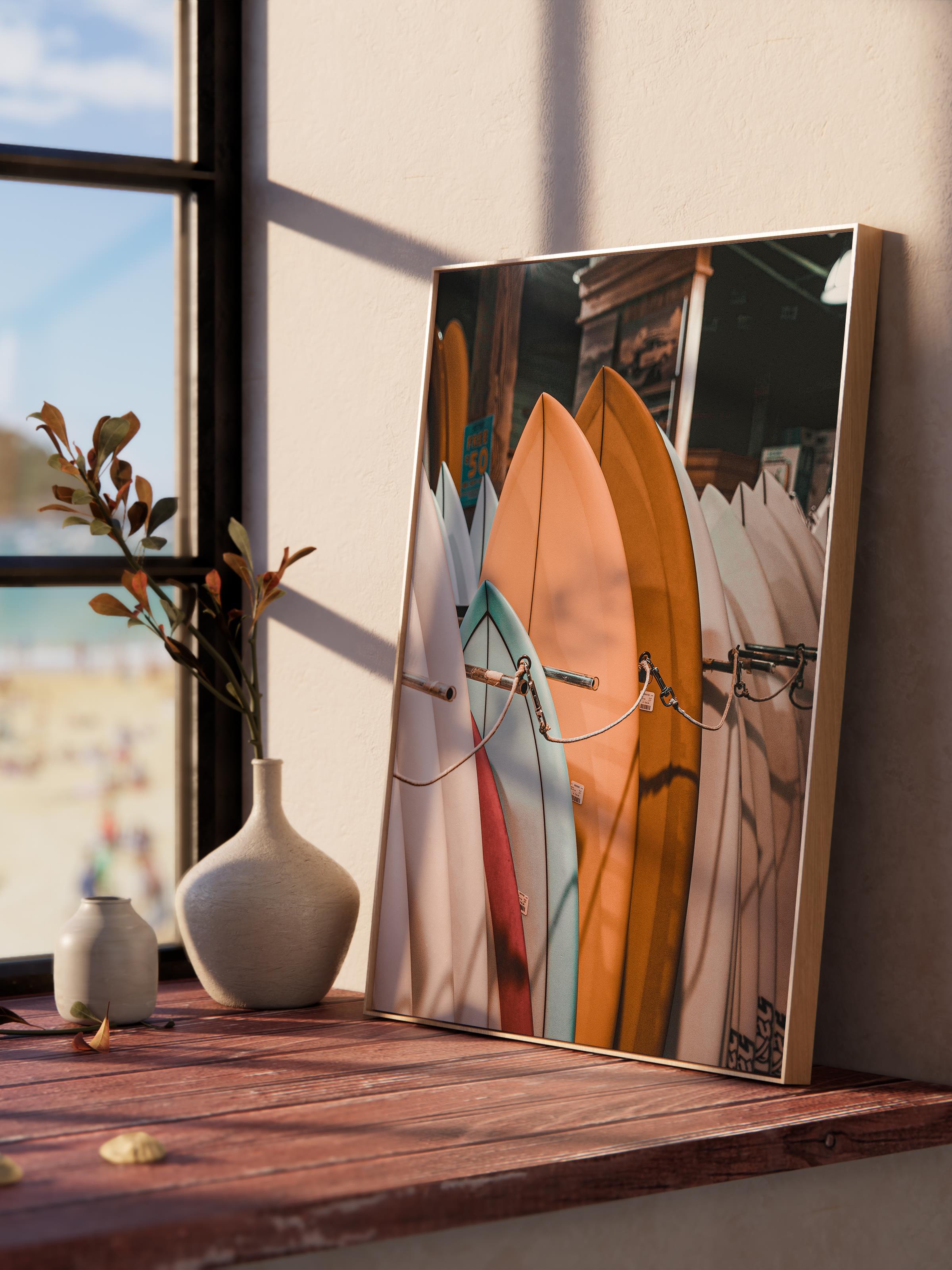 Çerçevesiz Poster, Yaz Temalı Tablo NO:226, Sörf Tahtaları Fotoğrafı, Sarı Poster, Dikey