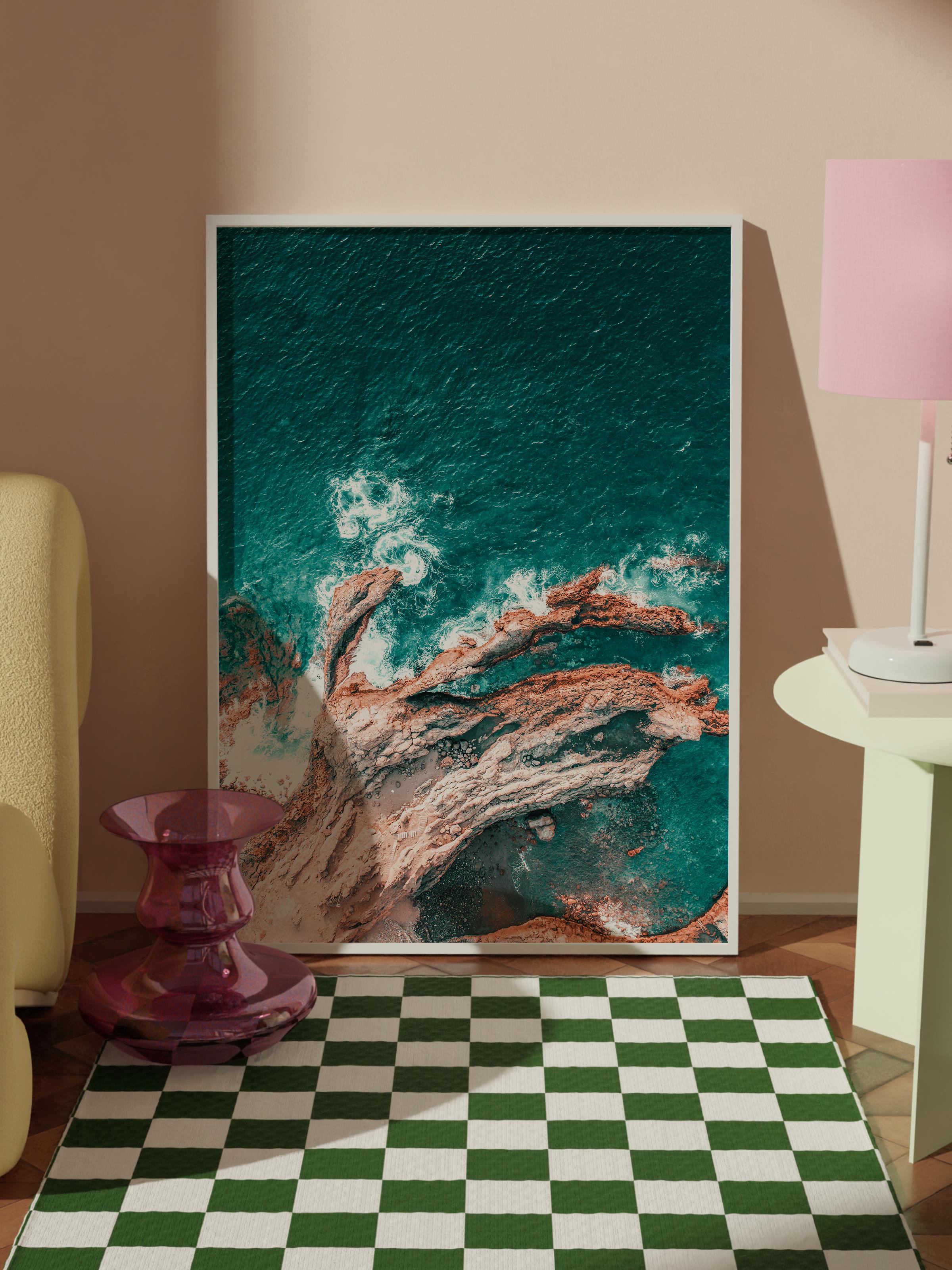 Çerçevesiz Poster, Yaz Temalı Tablo NO:234, Dalga ve Kayalıklar Fotoğrafı, Mavi Poster, Dikey