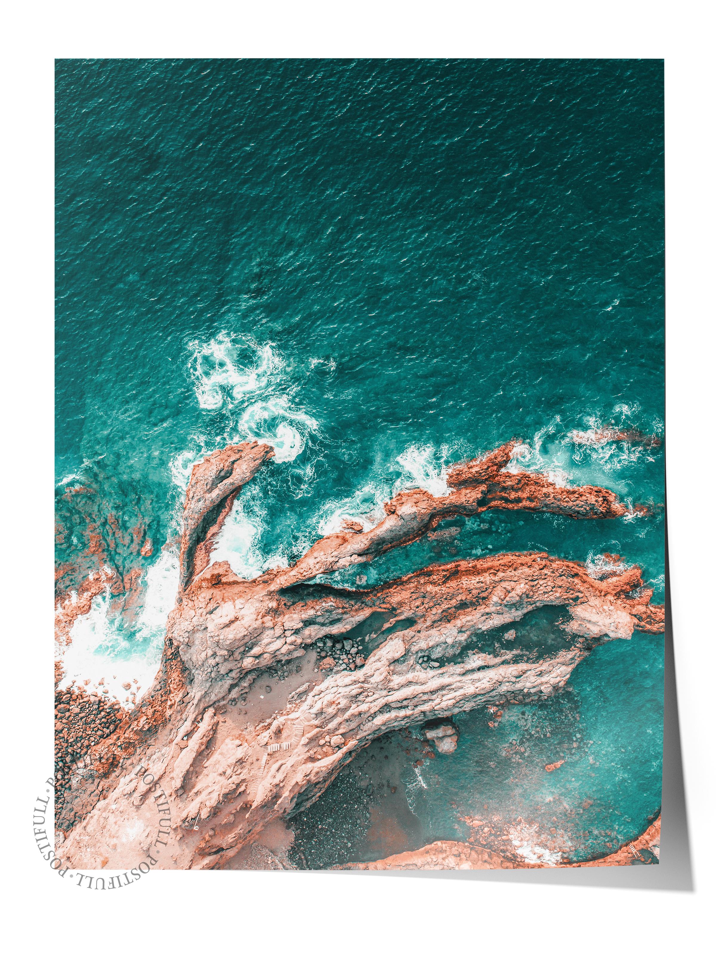 Çerçevesiz Poster, Yaz Temalı Tablo NO:234, Dalga ve Kayalıklar Fotoğrafı, Mavi Poster, Dikey