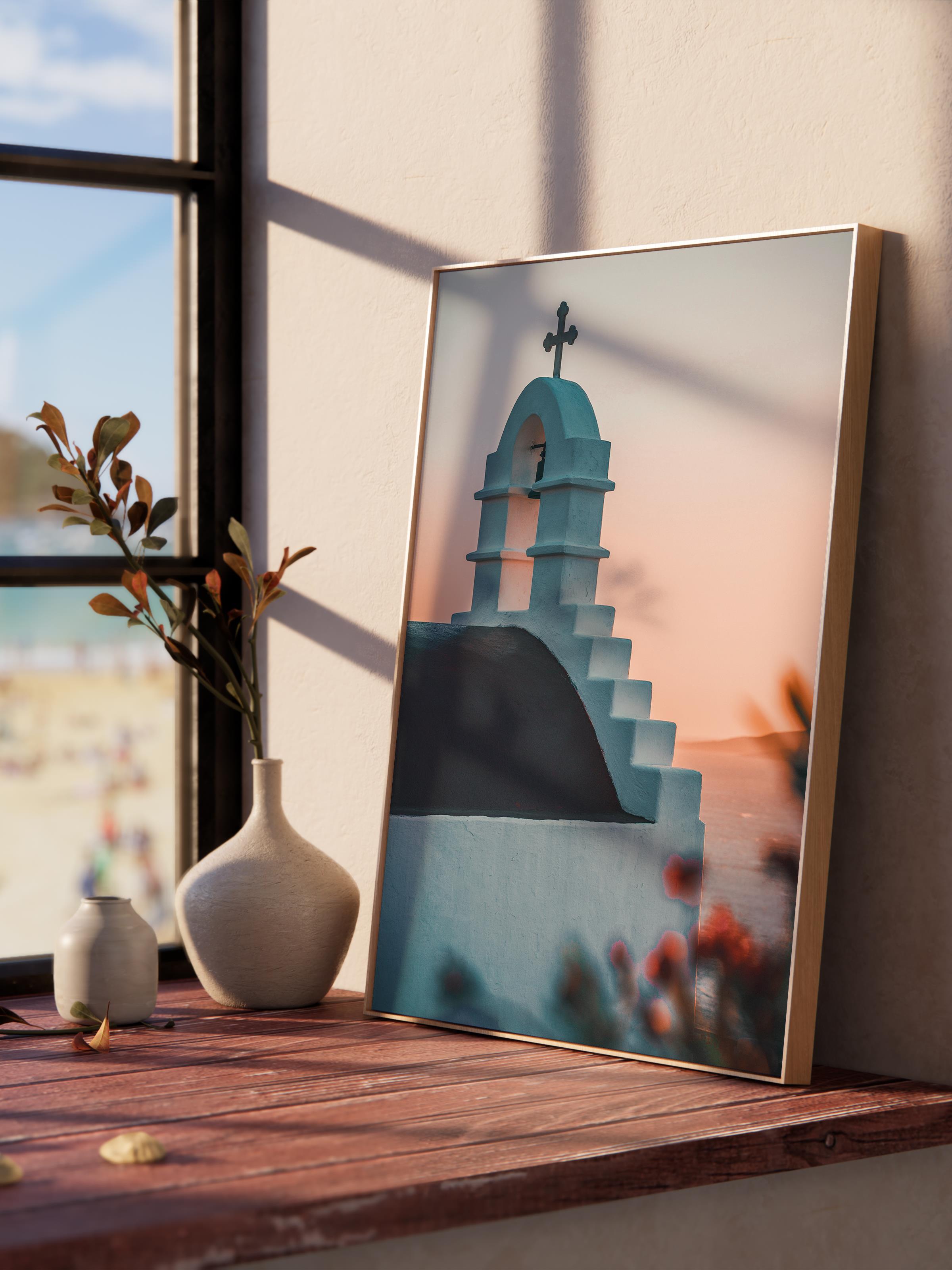 Çerçevesiz Poster, Yaz Temalı Tablo NO:236, Beyaz Kilise ve Çan Fotoğrafı, Beyaz Poster, Dikey