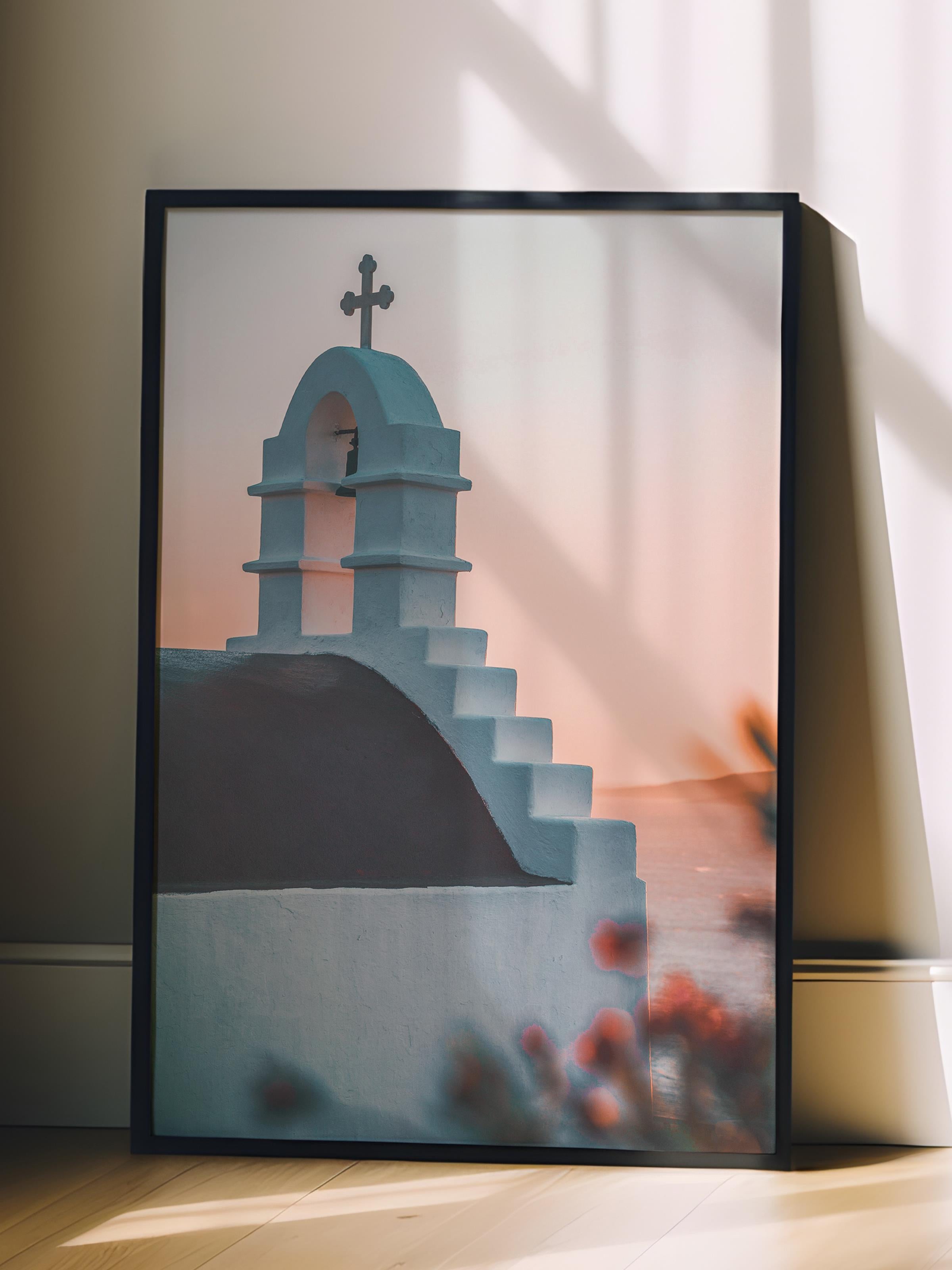 Çerçevesiz Poster, Yaz Temalı Tablo NO:236, Beyaz Kilise ve Çan Fotoğrafı, Beyaz Poster, Dikey