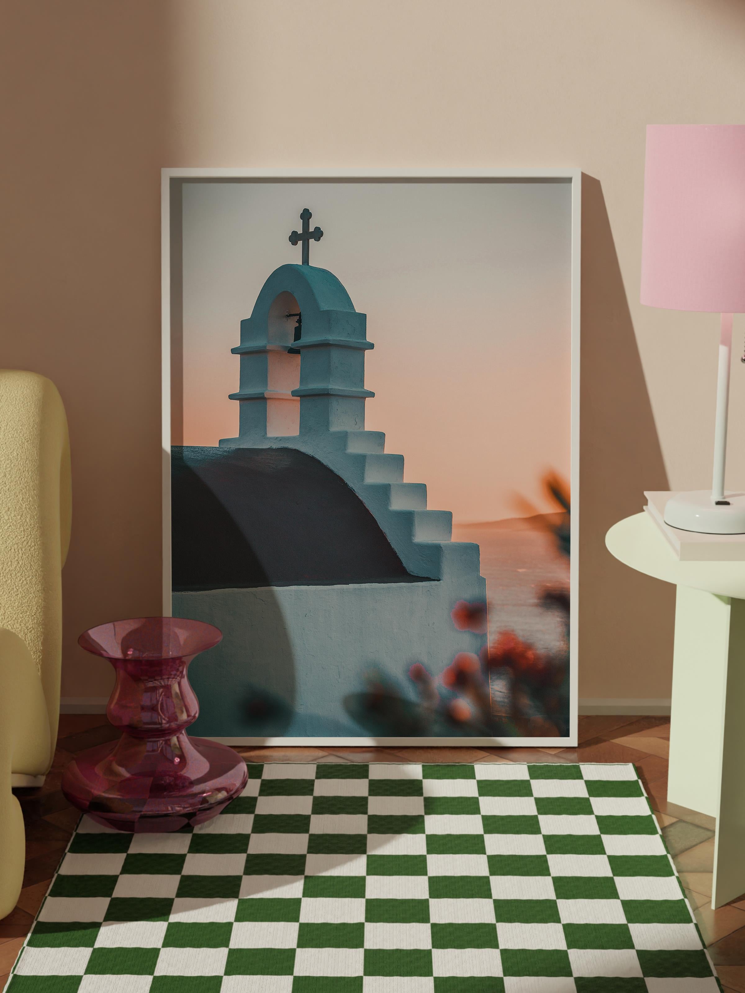 Çerçevesiz Poster, Yaz Temalı Tablo NO:236, Beyaz Kilise ve Çan Fotoğrafı, Beyaz Poster, Dikey