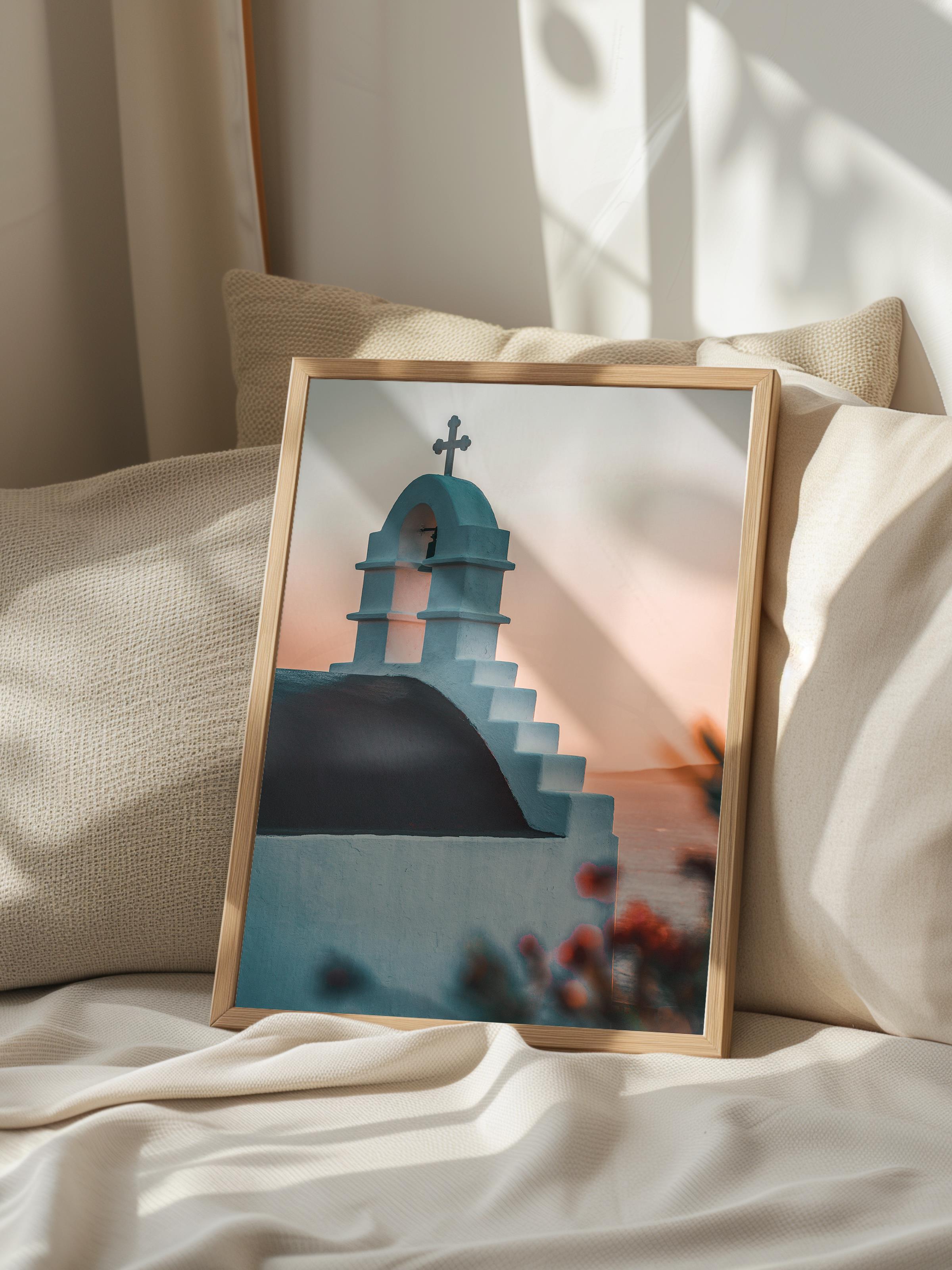 Çerçevesiz Poster, Yaz Temalı Tablo NO:236, Beyaz Kilise ve Çan Fotoğrafı, Beyaz Poster, Dikey