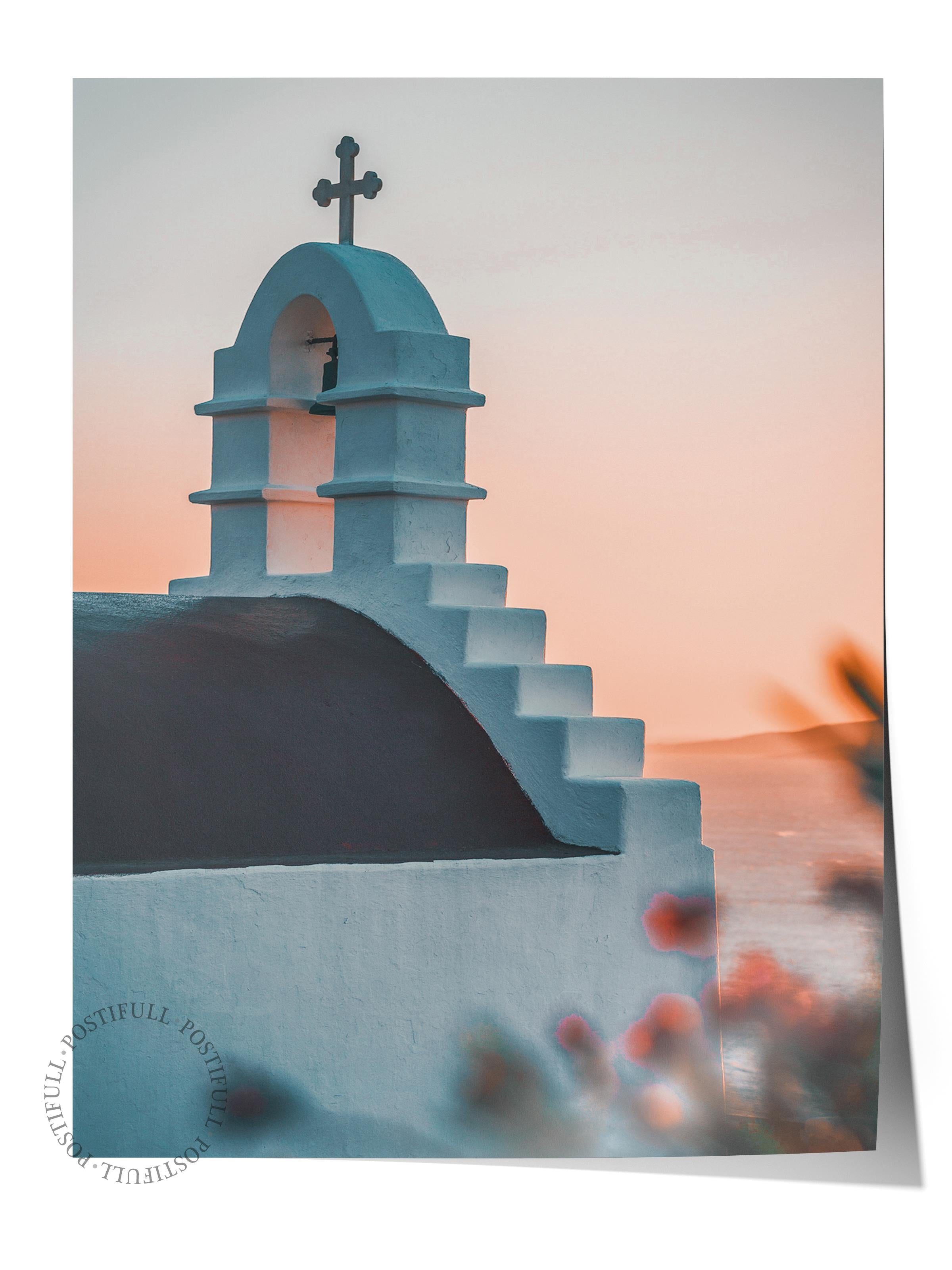 Çerçevesiz Poster, Yaz Temalı Tablo NO:236, Beyaz Kilise ve Çan Fotoğrafı, Beyaz Poster, Dikey
