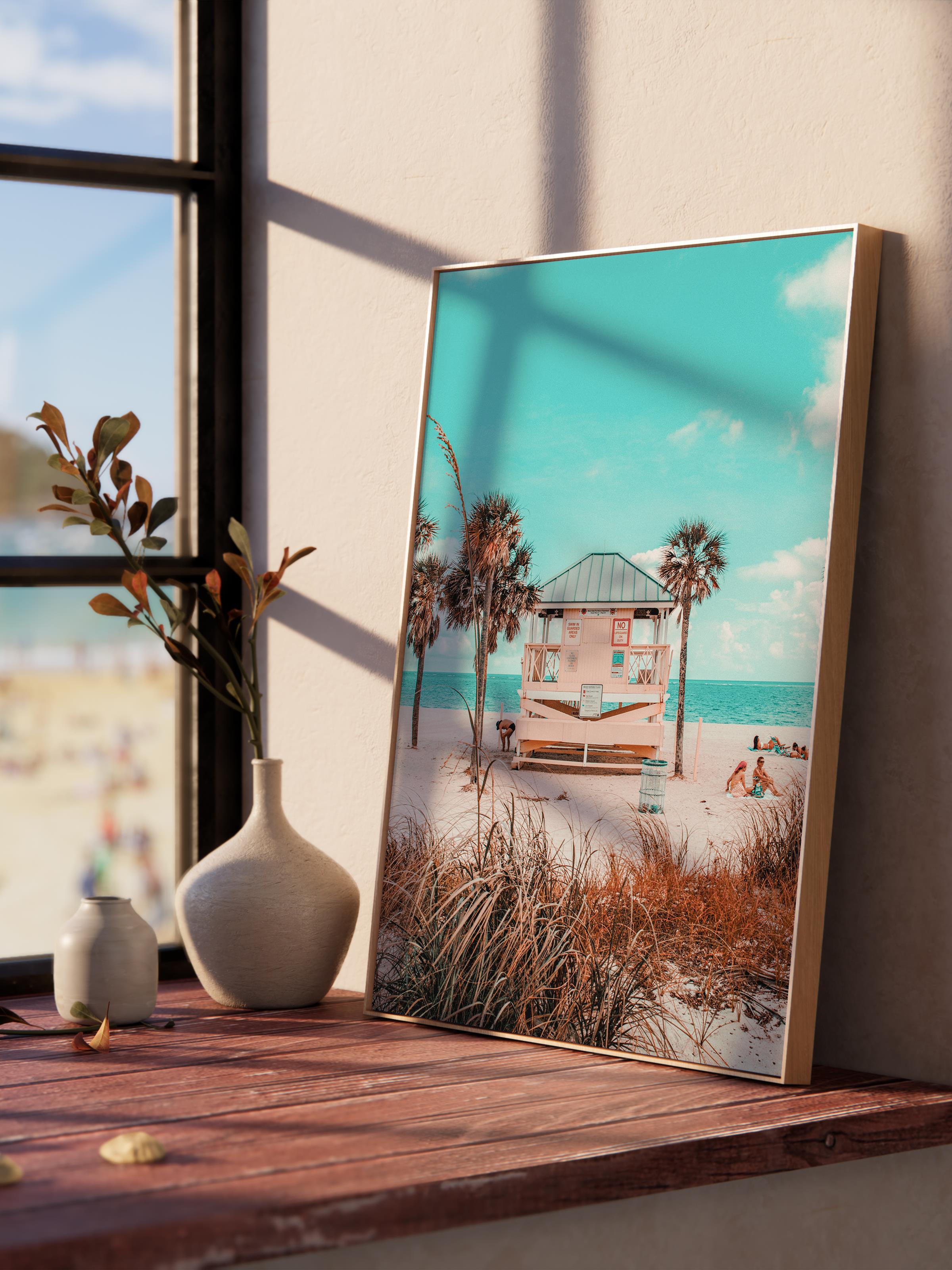 Çerçevesiz Poster, Yaz Temalı Tablo NO:241, Sahil Evi ve Palmiye Fotoğrafı, Turkuaz Poster, Dikey