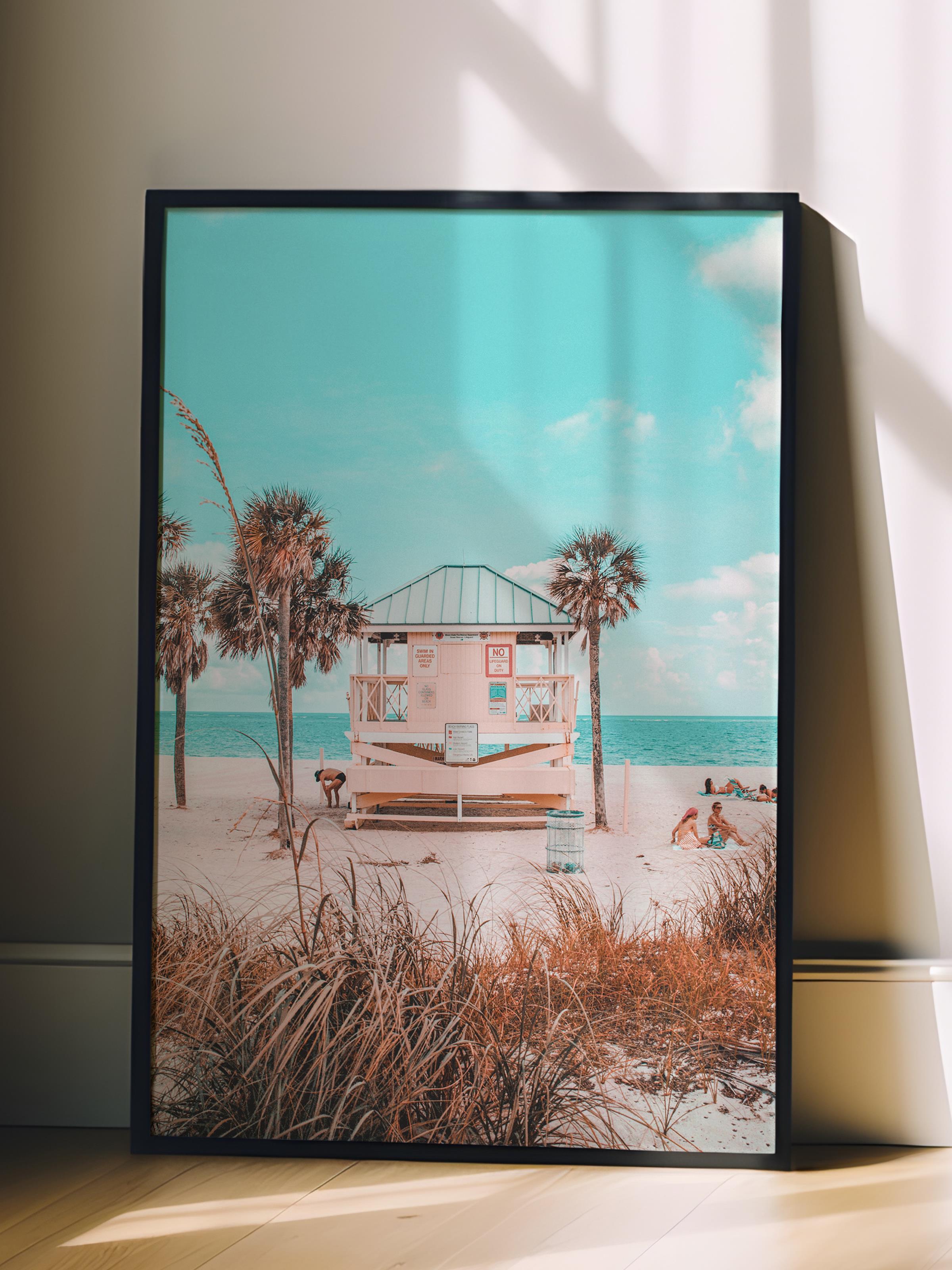 Çerçevesiz Poster, Yaz Temalı Tablo NO:241, Sahil Evi ve Palmiye Fotoğrafı, Turkuaz Poster, Dikey