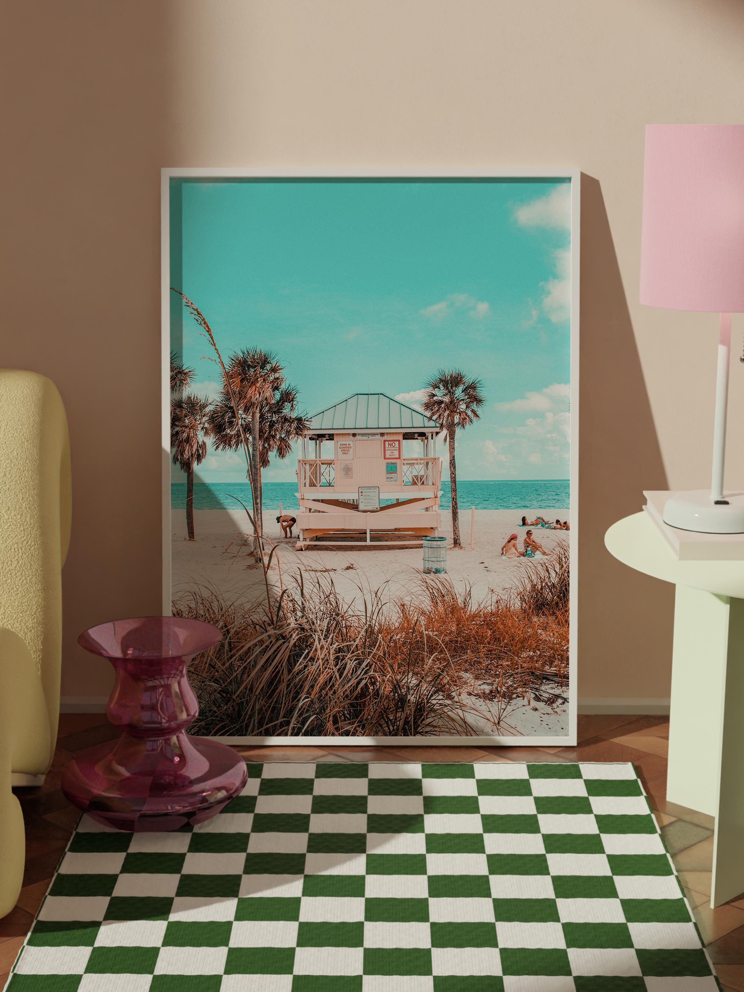 Çerçevesiz Poster, Yaz Temalı Tablo NO:241, Sahil Evi ve Palmiye Fotoğrafı, Turkuaz Poster, Dikey