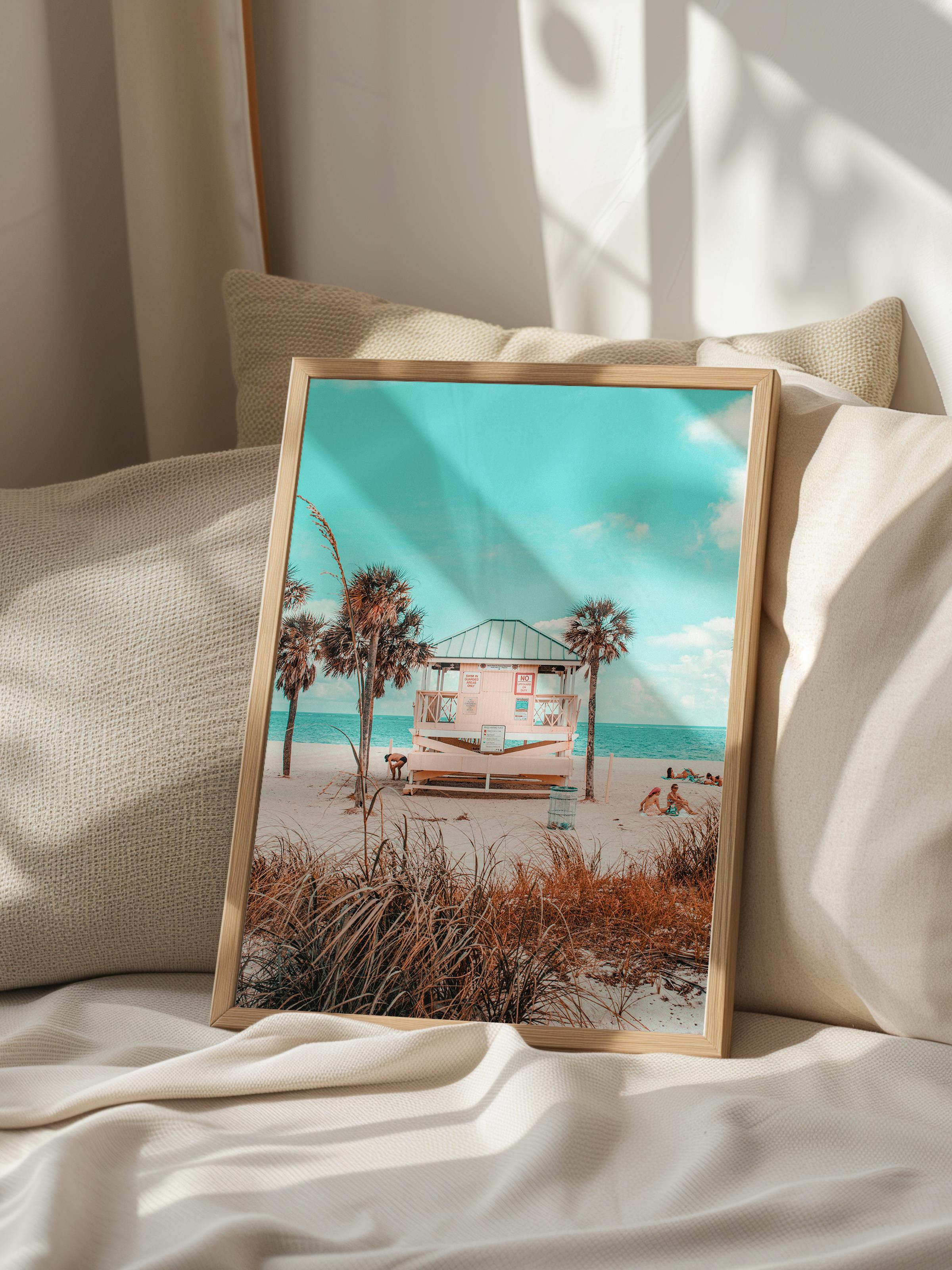 Çerçevesiz Poster, Yaz Temalı Tablo NO:241, Sahil Evi ve Palmiye Fotoğrafı, Turkuaz Poster, Dikey