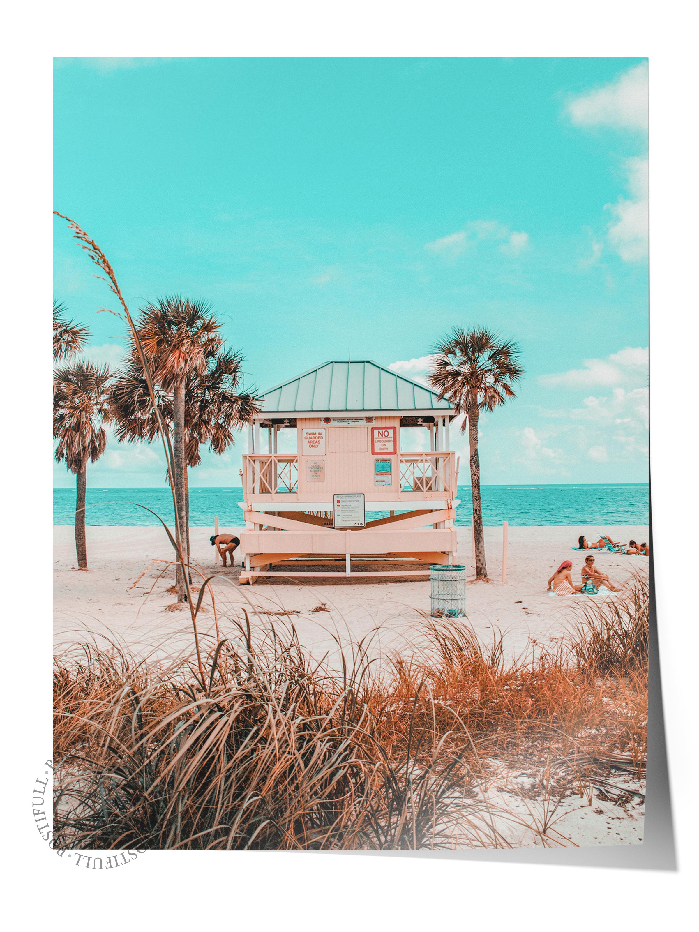 Çerçevesiz Poster, Yaz Temalı Tablo NO:241, Sahil Evi ve Palmiye Fotoğrafı, Turkuaz Poster, Dikey