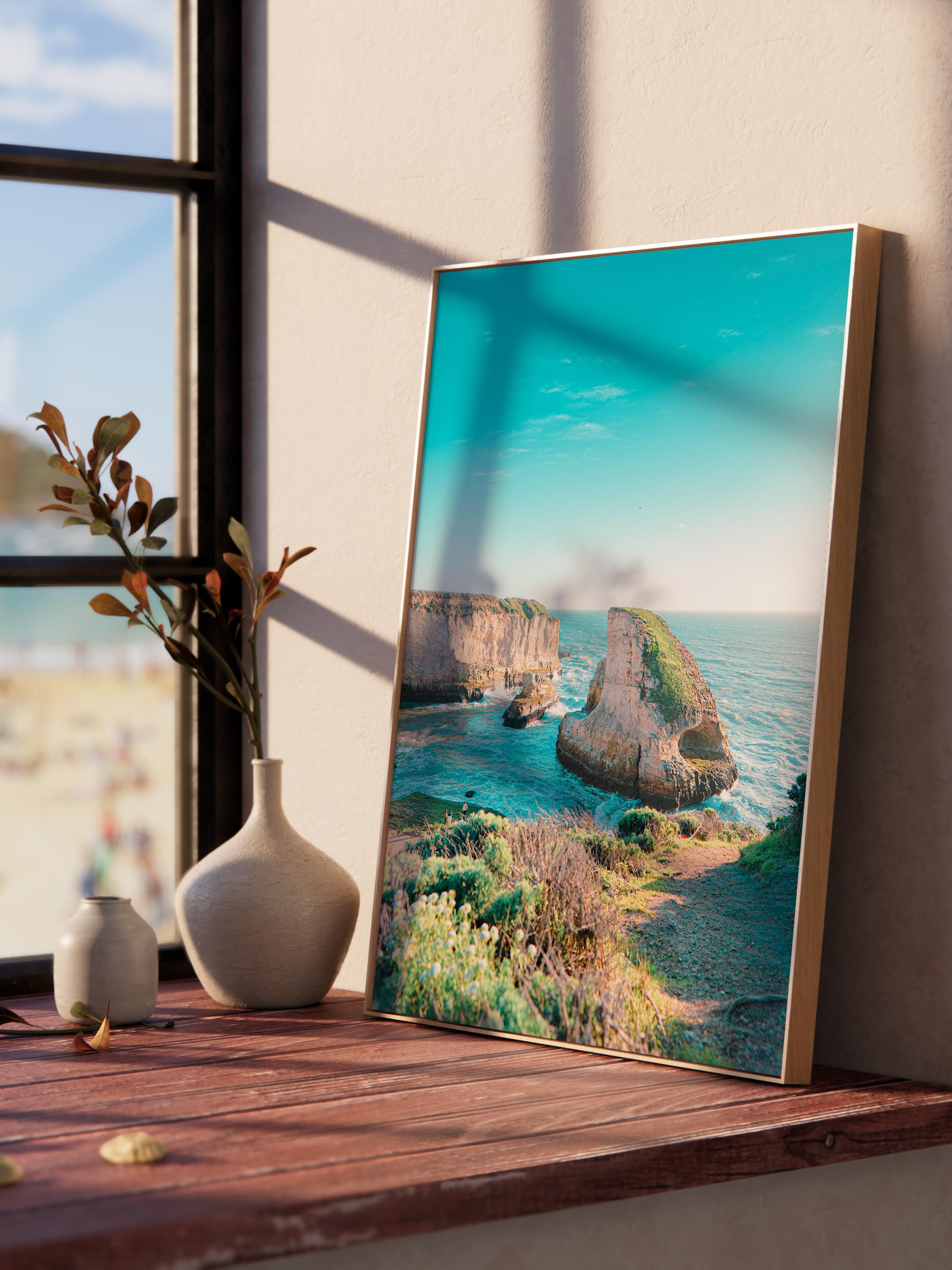 Çerçevesiz Poster, Yaz Temalı Tablo NO:245, Kayalık ve Deniz Fotoğrafı, Turkuaz Poster, Dikey