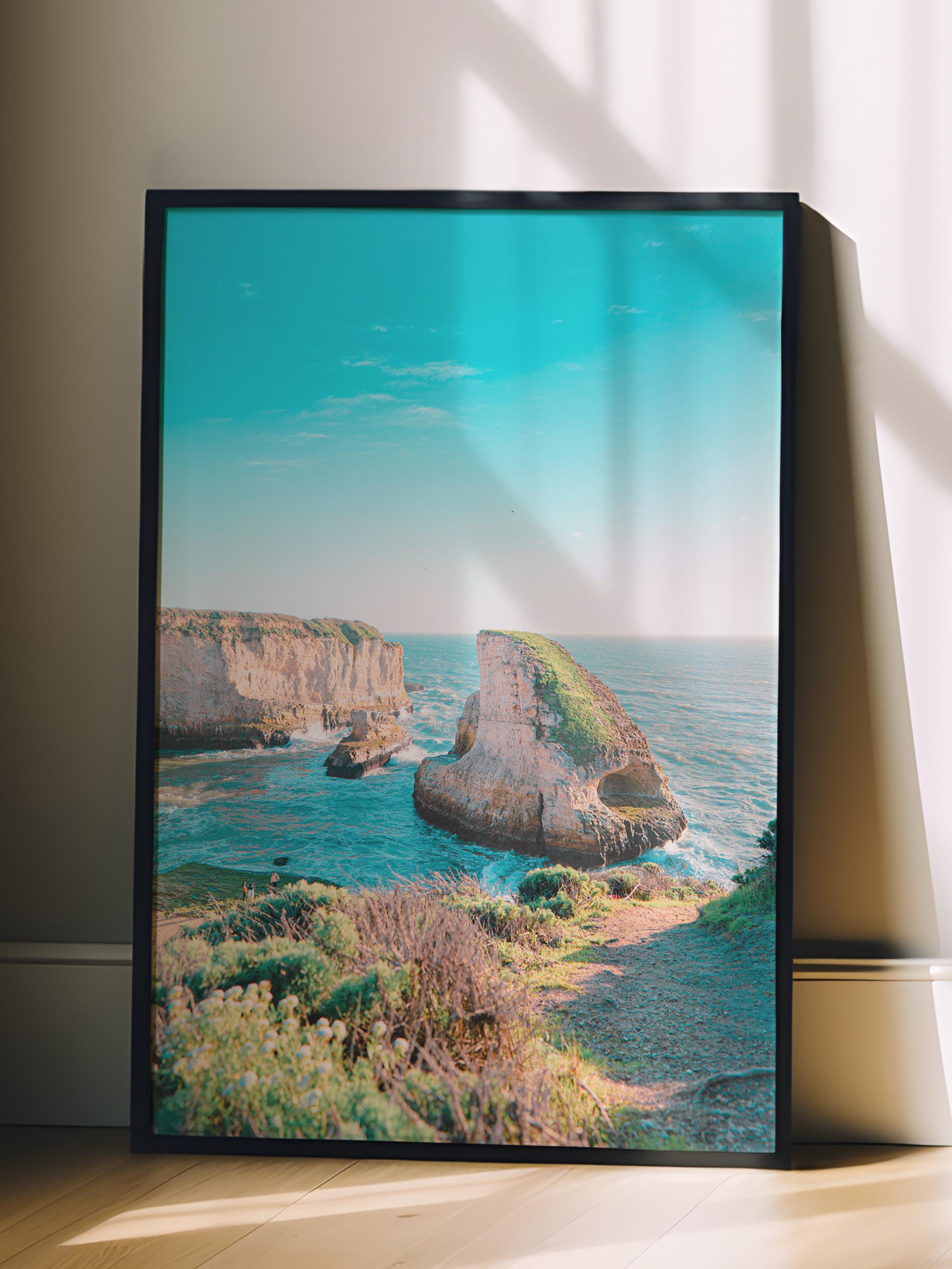 Çerçevesiz Poster, Yaz Temalı Tablo NO:245, Kayalık ve Deniz Fotoğrafı, Turkuaz Poster, Dikey