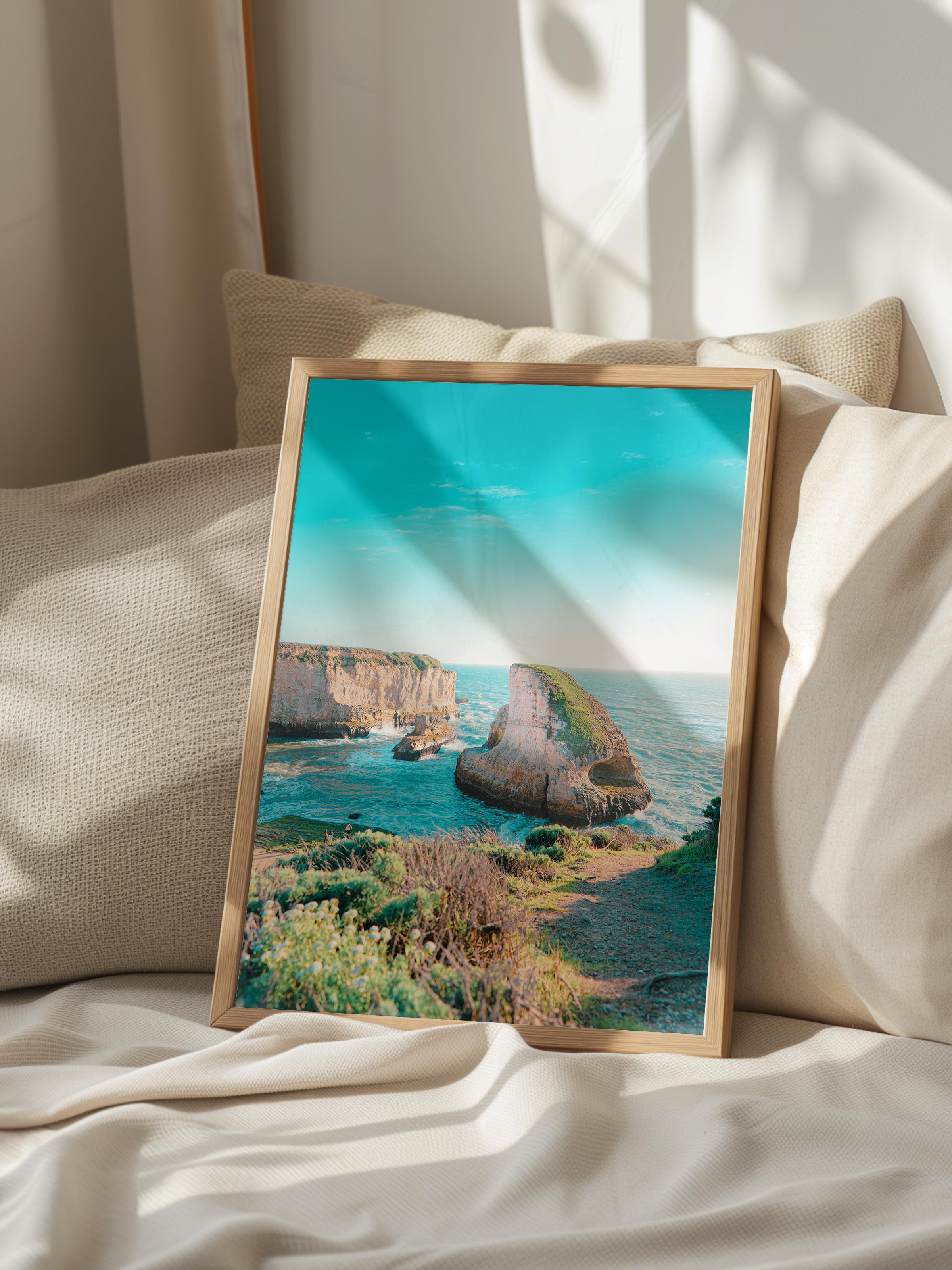 Çerçevesiz Poster, Yaz Temalı Tablo NO:245, Kayalık ve Deniz Fotoğrafı, Turkuaz Poster, Dikey