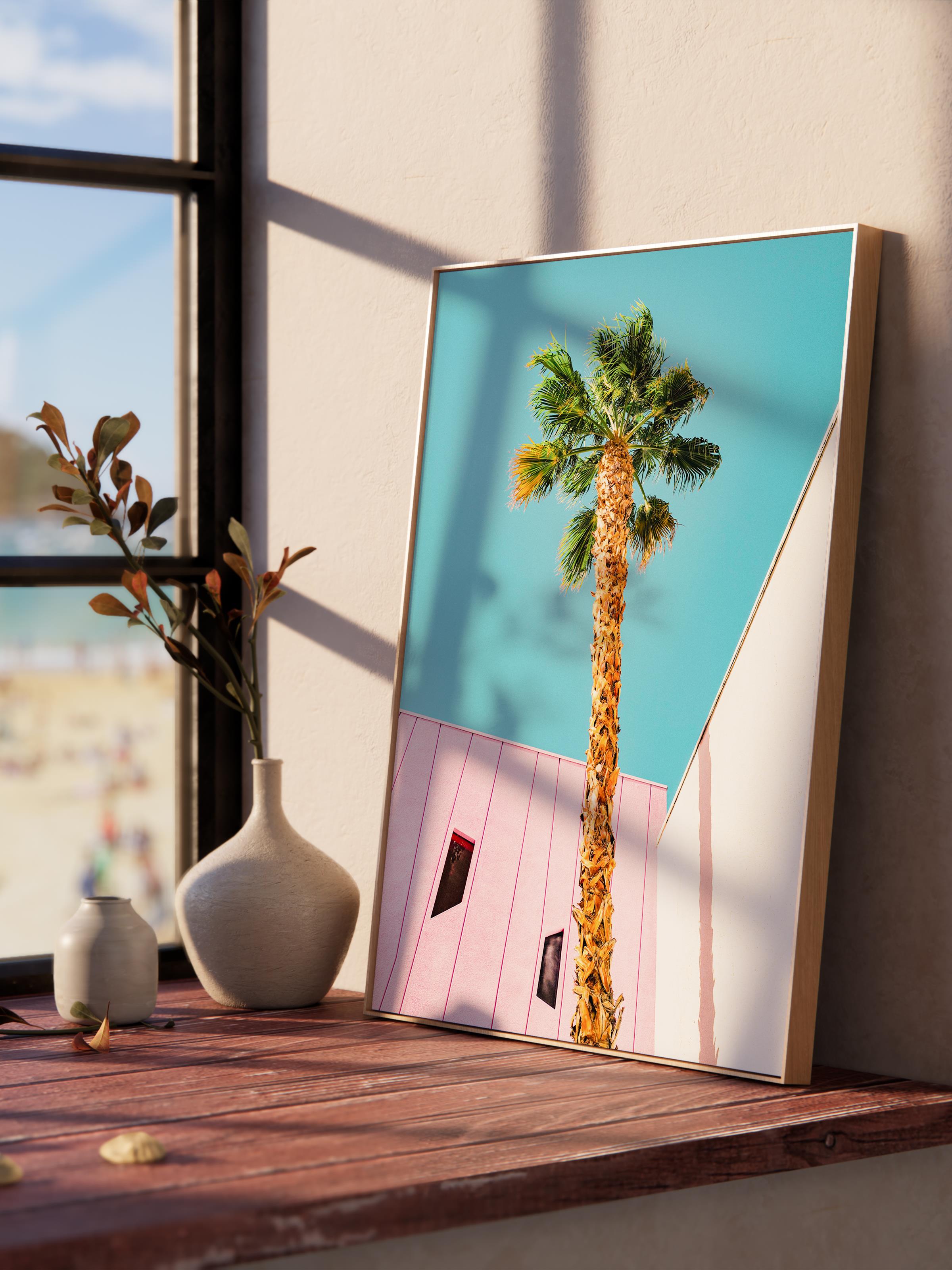 Çerçevesiz Poster, Yaz Temalı Tablo NO:248, Palmiye ve Renkli Bina Fotoğrafı, Sarı Poster, Dikey