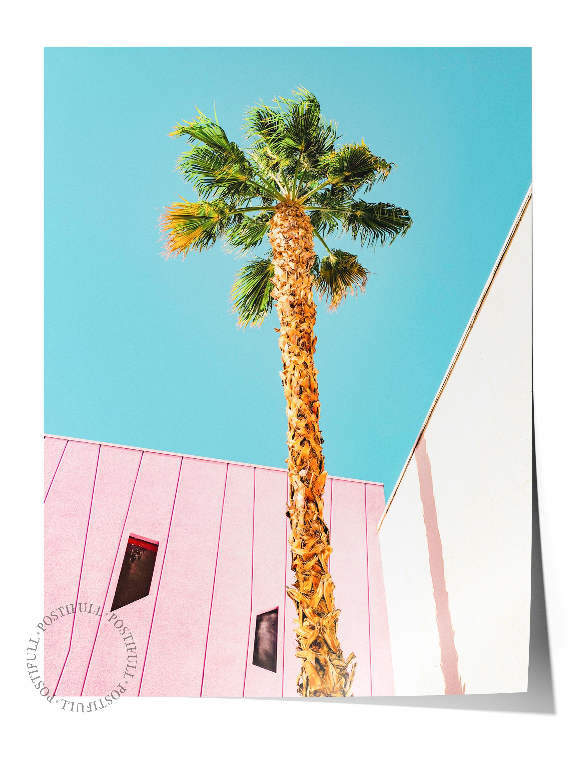 Çerçevesiz Poster, Yaz Temalı Tablo NO:248, Palmiye ve Renkli Bina Fotoğrafı, Sarı Poster, Dikey