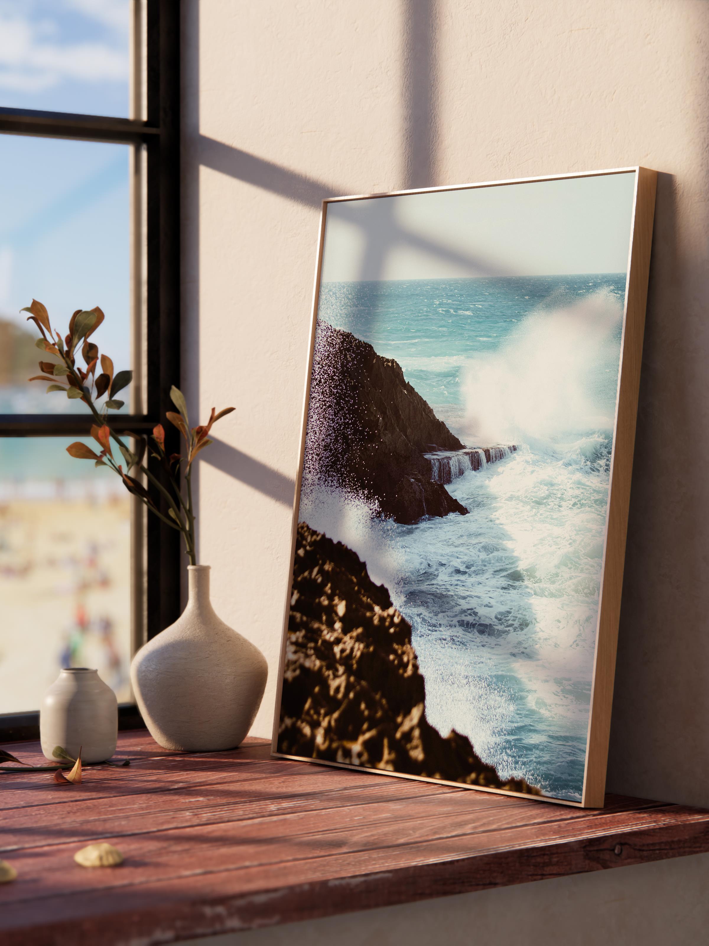 Çerçevesiz Poster, Yaz Temalı Tablo NO:253, Büyük Dalga ve Kayalıklar Fotoğrafı, Beyaz Poster, Dikey