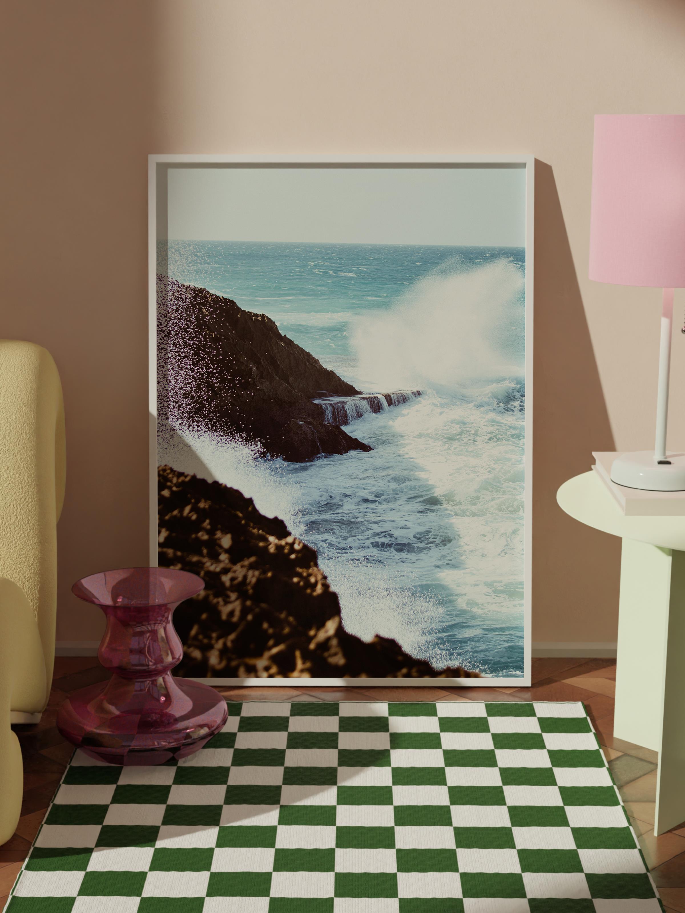 Çerçevesiz Poster, Yaz Temalı Tablo NO:253, Büyük Dalga ve Kayalıklar Fotoğrafı, Beyaz Poster, Dikey