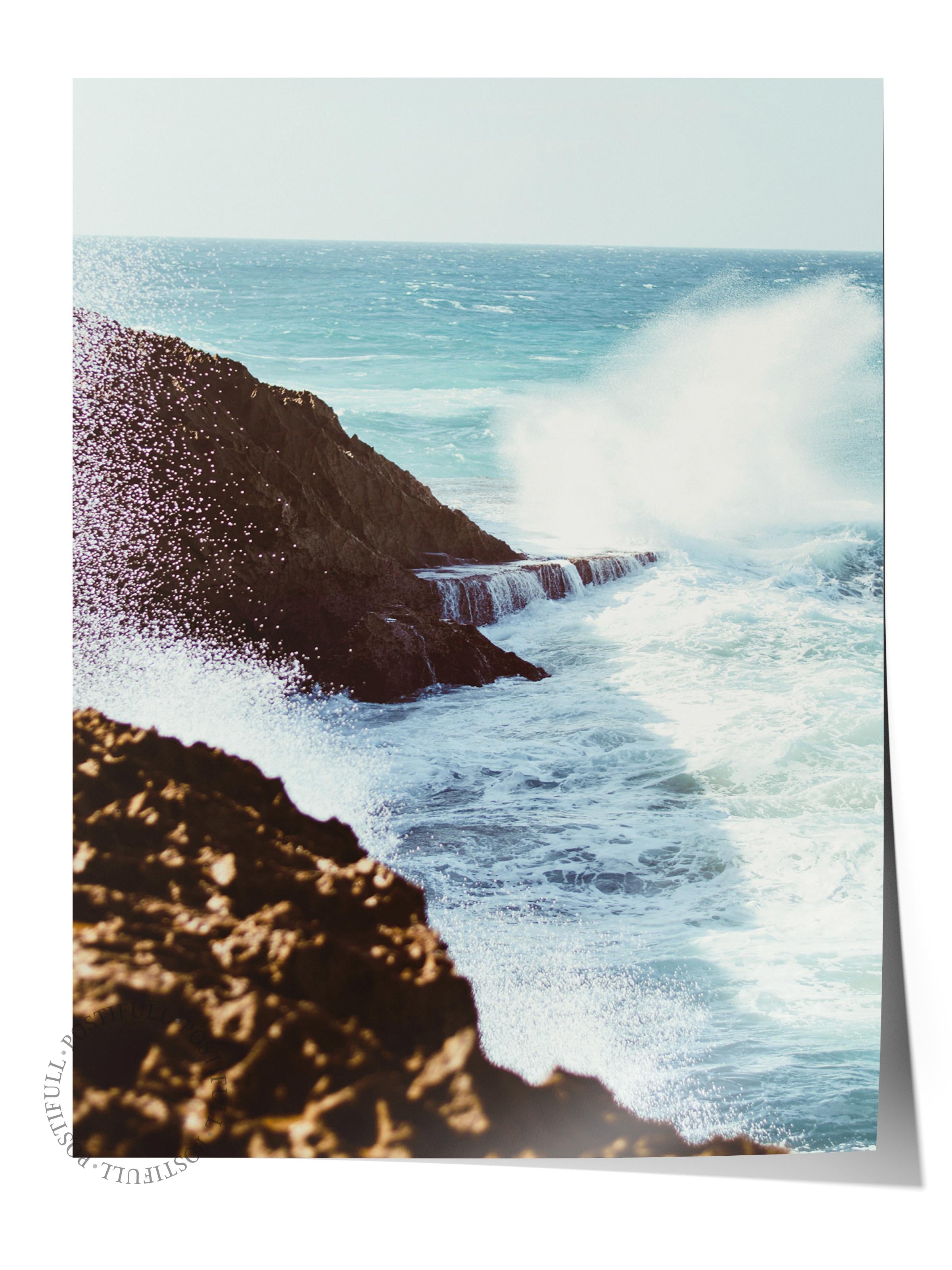 Çerçevesiz Poster, Yaz Temalı Tablo NO:253, Büyük Dalga ve Kayalıklar Fotoğrafı, Beyaz Poster, Dikey