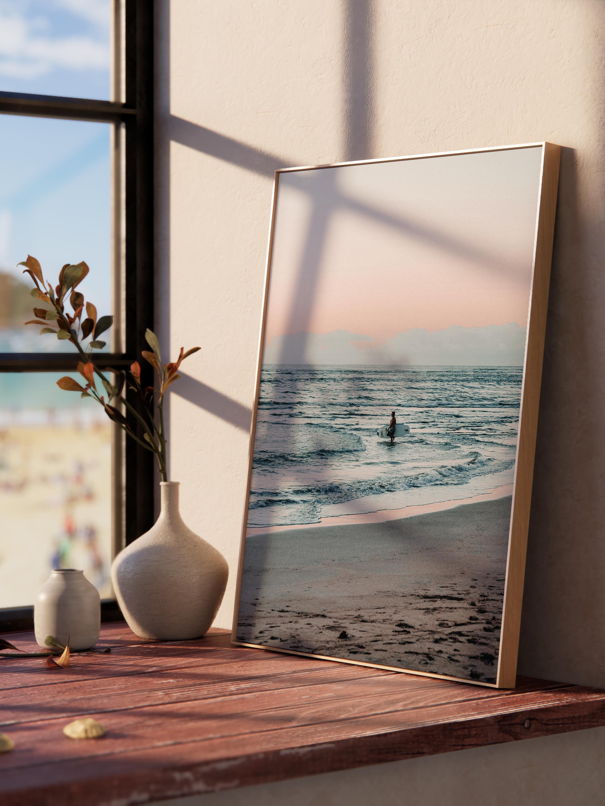 Çerçevesiz Poster, Yaz Temalı Tablo NO:255, Sörfçü ve Gün Batımı Fotoğrafı, Turuncu Poster, Dikey