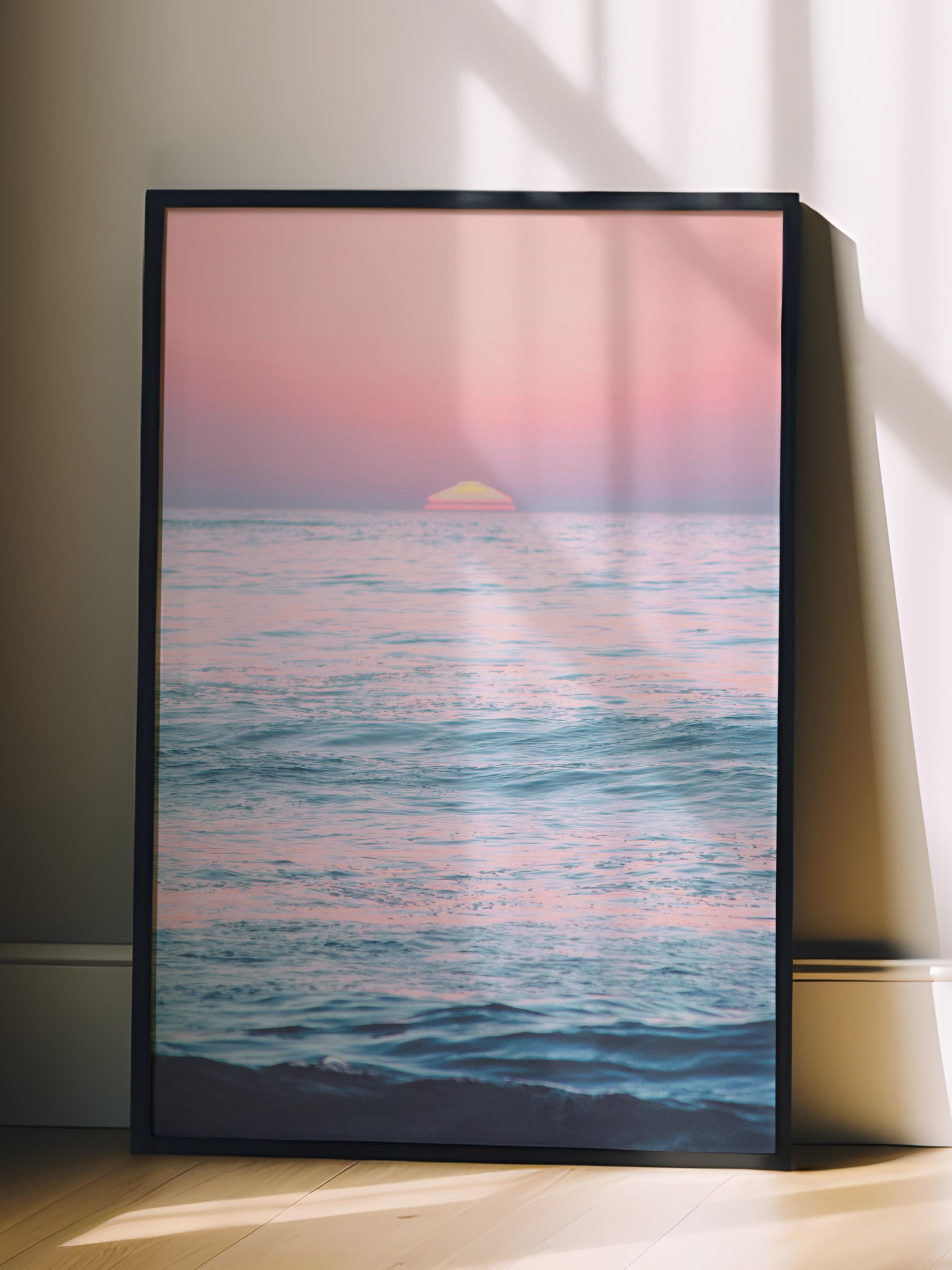 Çerçevesiz Poster, Yaz Temalı Tablo NO:56, Gün Batımında Deniz Fotoğrafı, Pembe Poster, Dikey