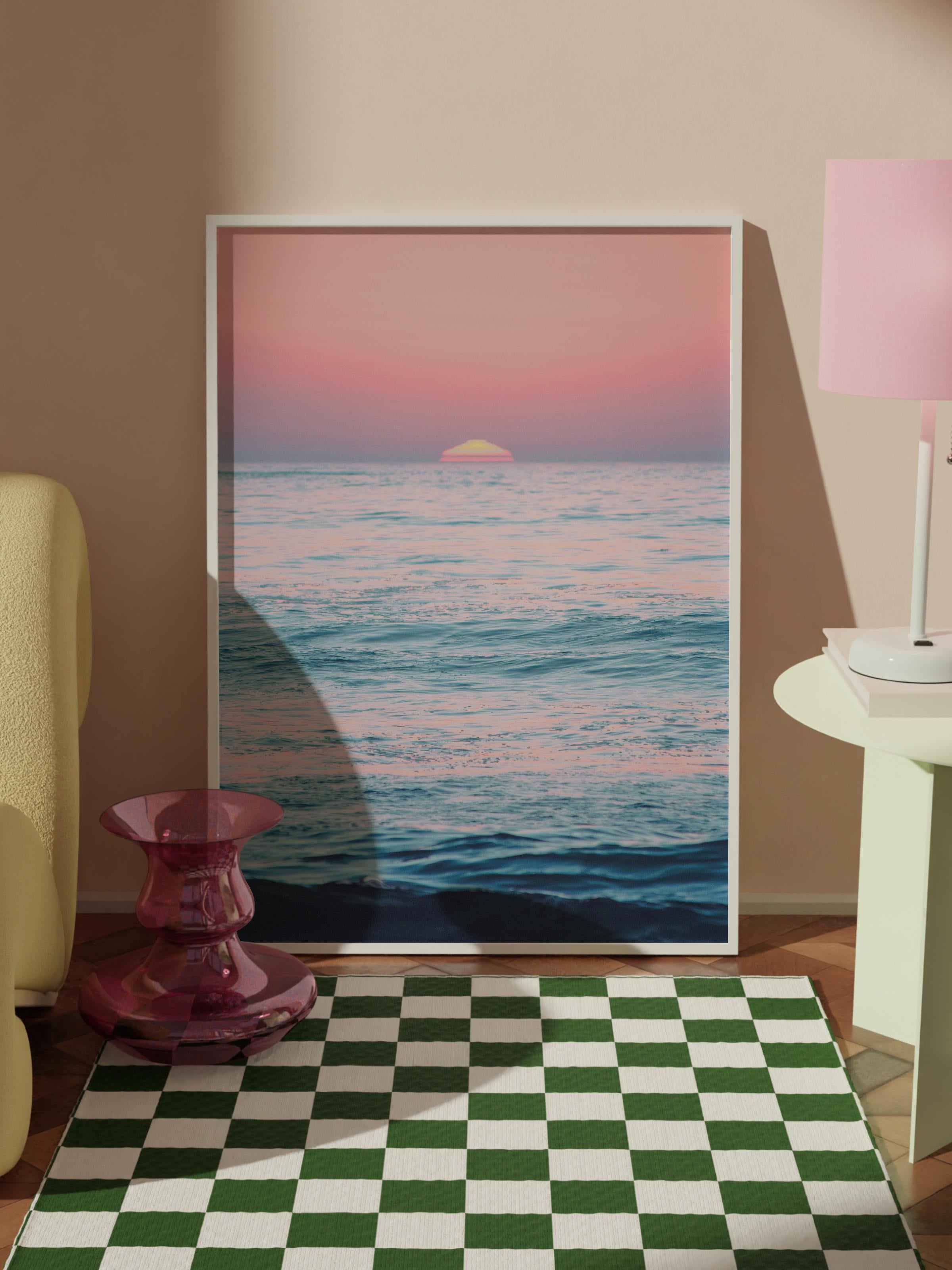 Çerçevesiz Poster, Yaz Temalı Tablo NO:56, Gün Batımında Deniz Fotoğrafı, Pembe Poster, Dikey