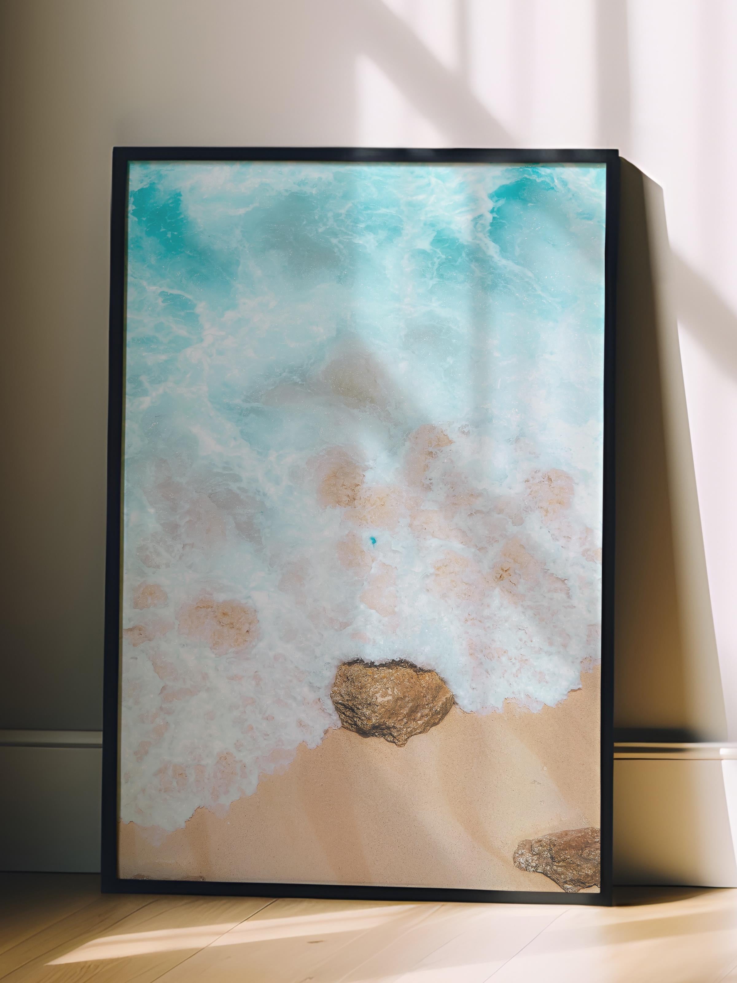 Çerçevesiz Poster, Yaz Temalı Tablo NO:66, Kum ve Köpük Fotoğrafı, Mavi Poster, Dikey