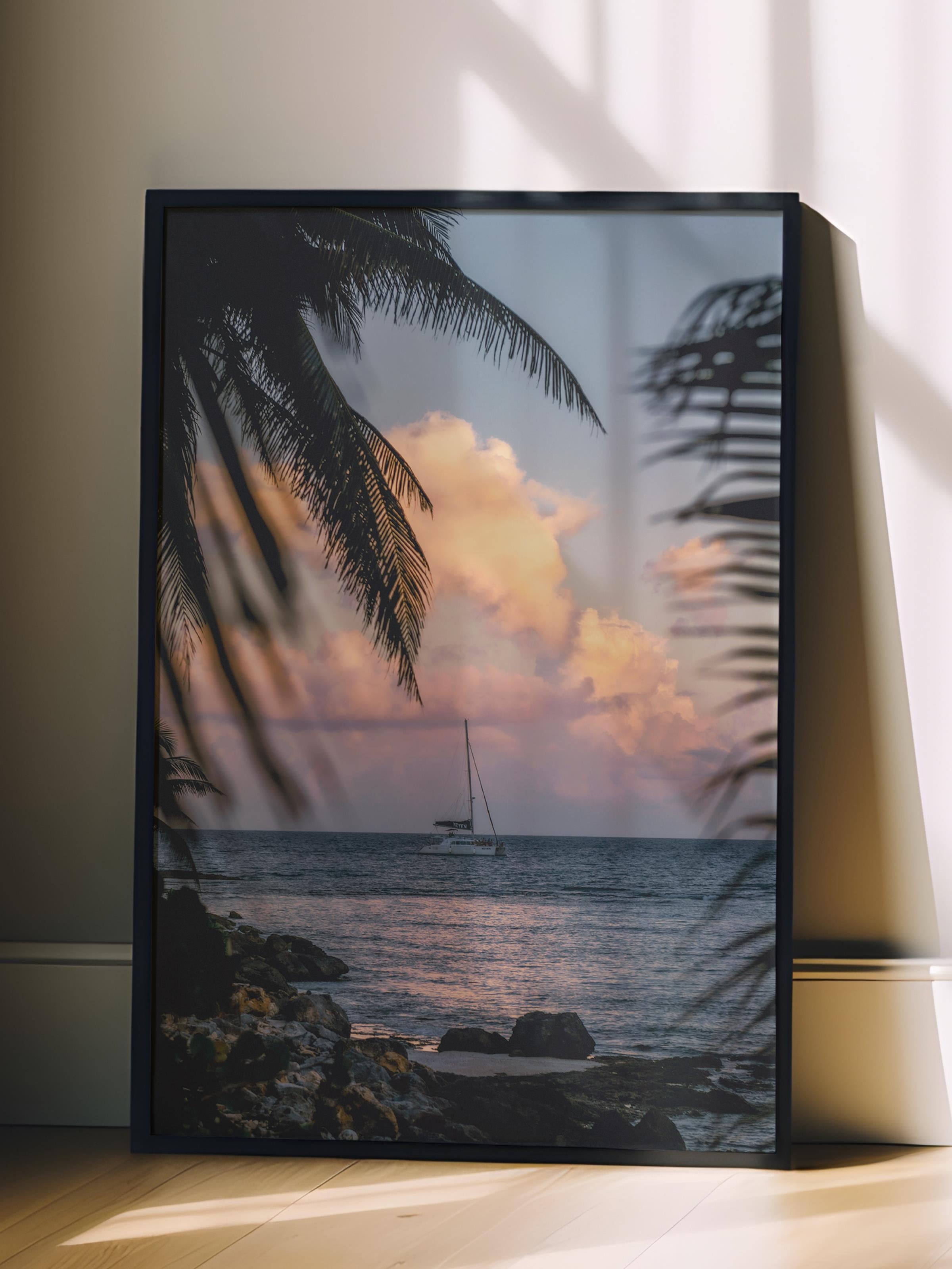 Çerçevesiz Poster, Yaz Temalı Tablo NO:76, Palmiye ve Gün Batımı Fotoğrafı, Siyah Poster, Dikey