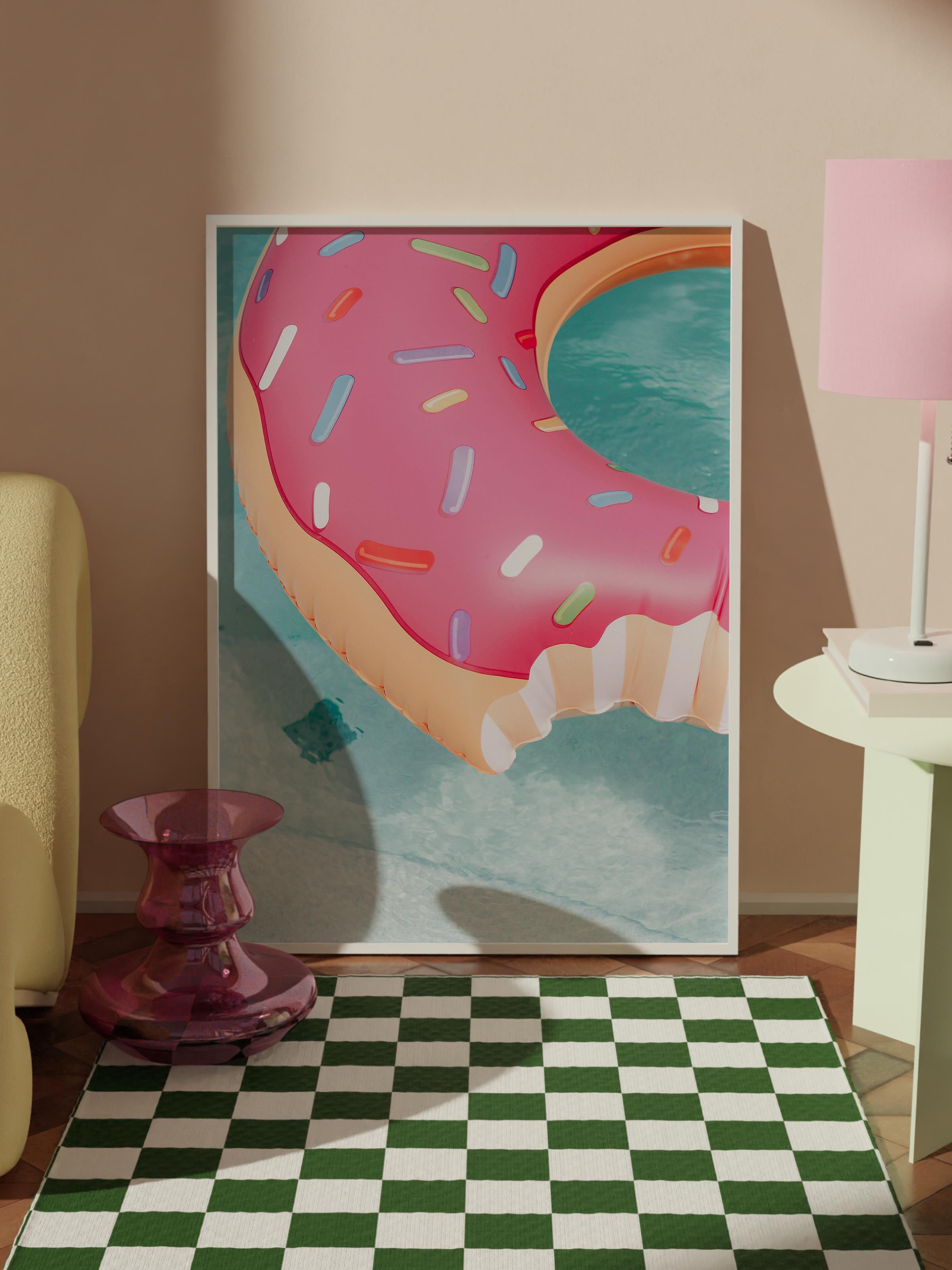 Çerçevesiz Poster, Yaz Temalı Tablo NO:8, Pembe Donut Havuzu Fotoğrafı, Pembe Poster, Dikey