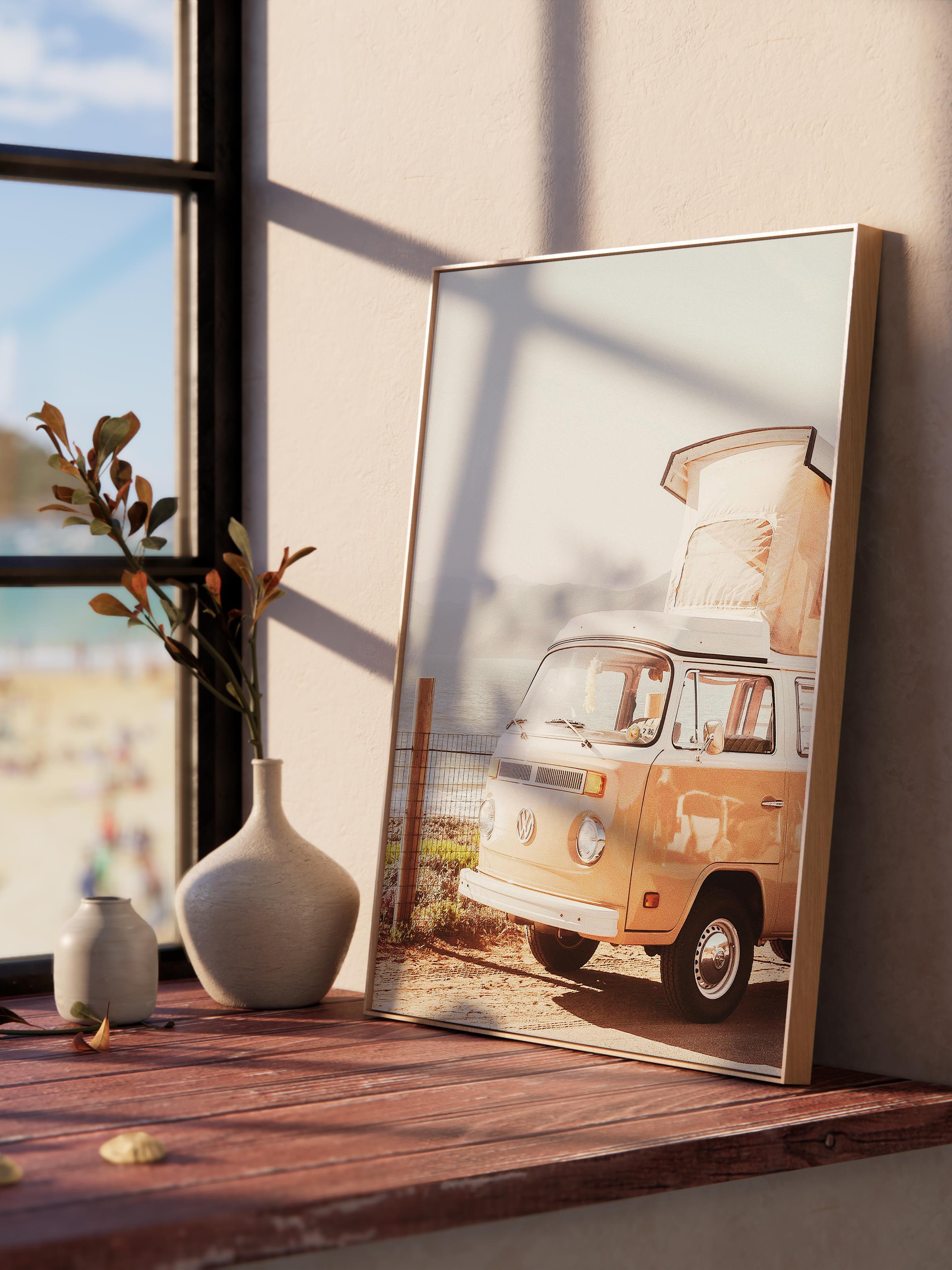 Çerçevesiz Poster, Yaz Temalı Tablo NO:95, Sarı Volkswagen Minibüs Fotoğrafı, Sarı Poster, Dikey