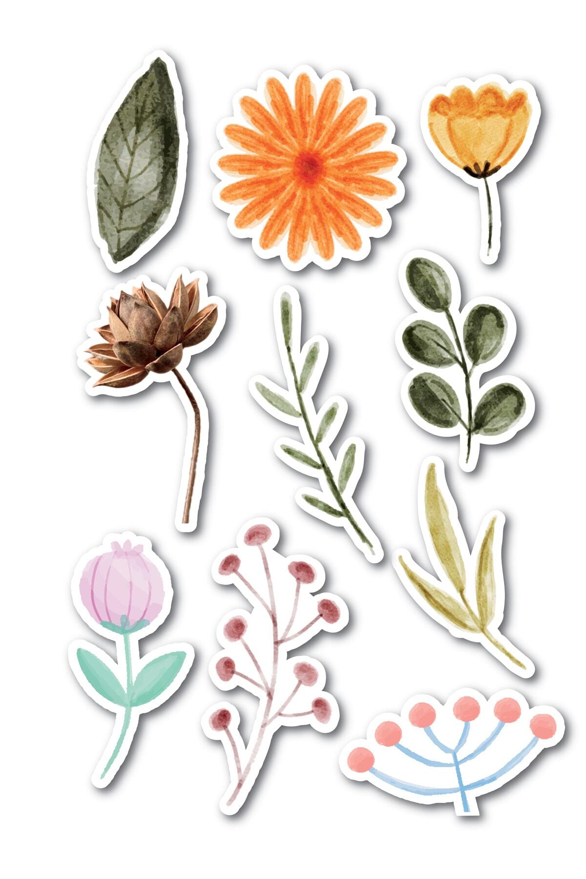 Çiçek Temalı Sticker Seti - 10 Adet Etiket Seti- Telefon, Tablet, Defter Laptop Uyumlu Etiket