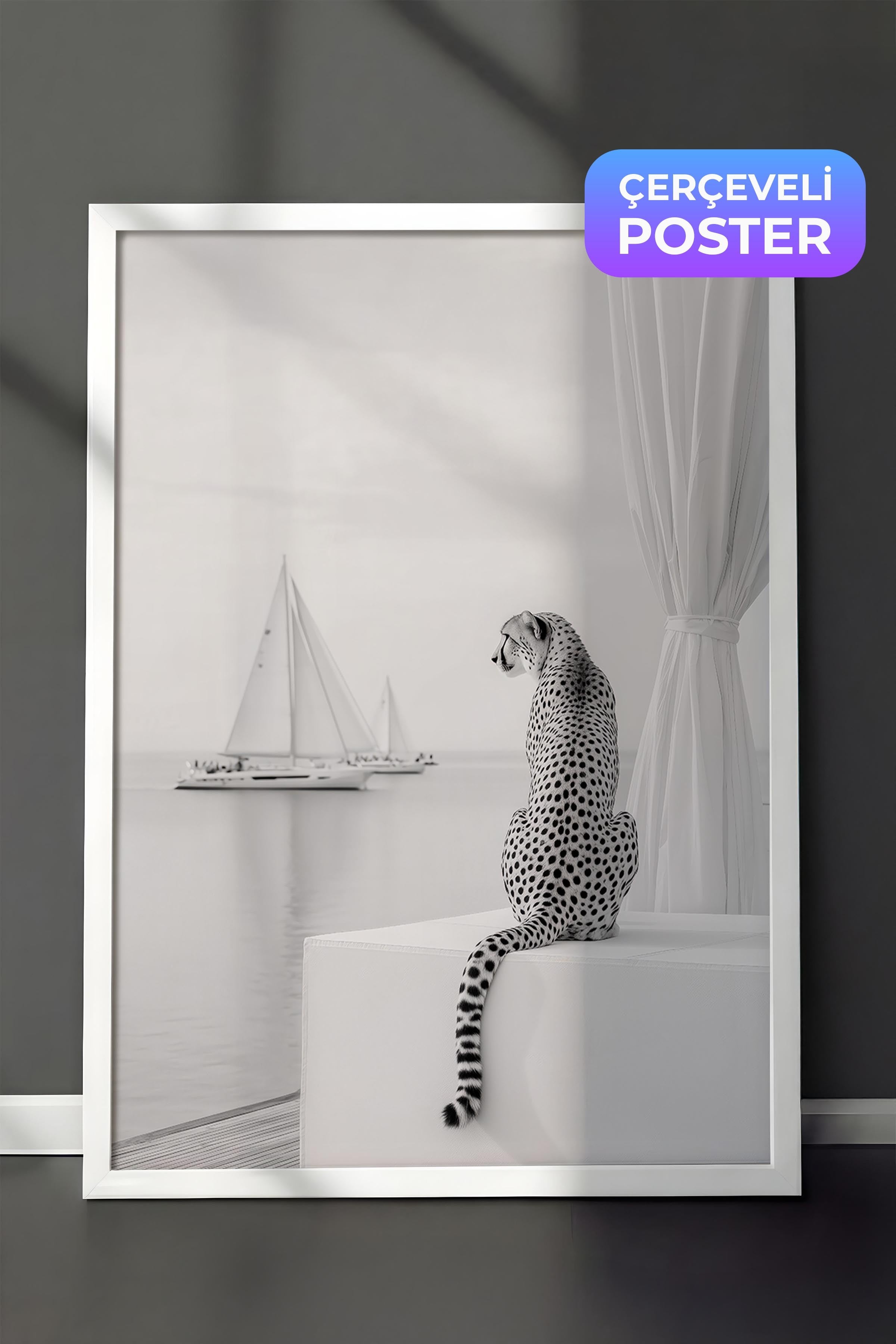 Çita ve Yelkenli Posteri, Beyaz Çerçeveli Poster, Old Money Serisi, NO:113249