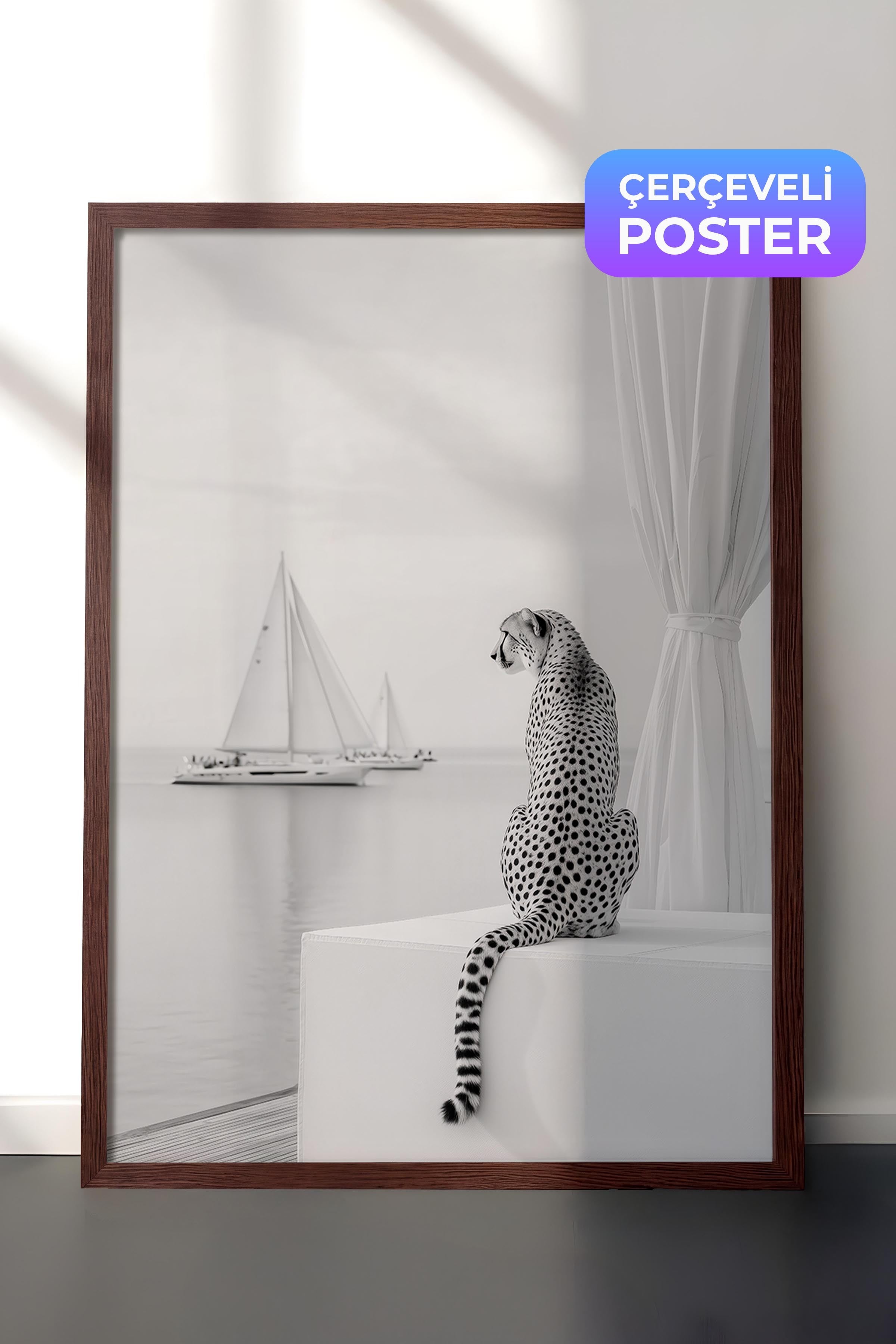 Çita ve Yelkenli Posteri, Kahverengi Çerçeveli Poster, Old Money Serisi, NO:113249