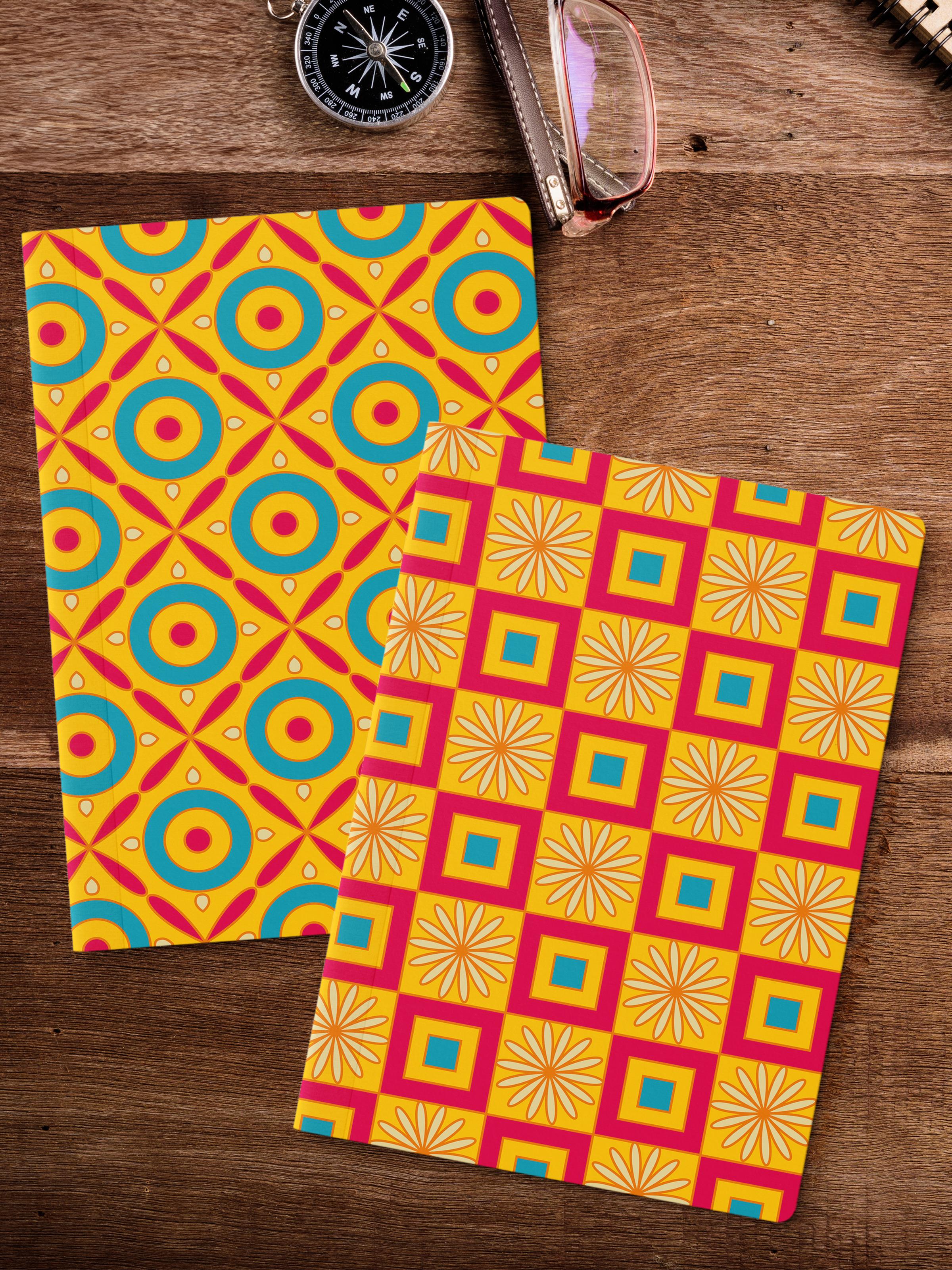 Çizgisiz Defter Seti, 2 Adet Geometrik Desenli Notebook, Not Defteri, Anı Defteri, 64 Sayfa Orta Boy
