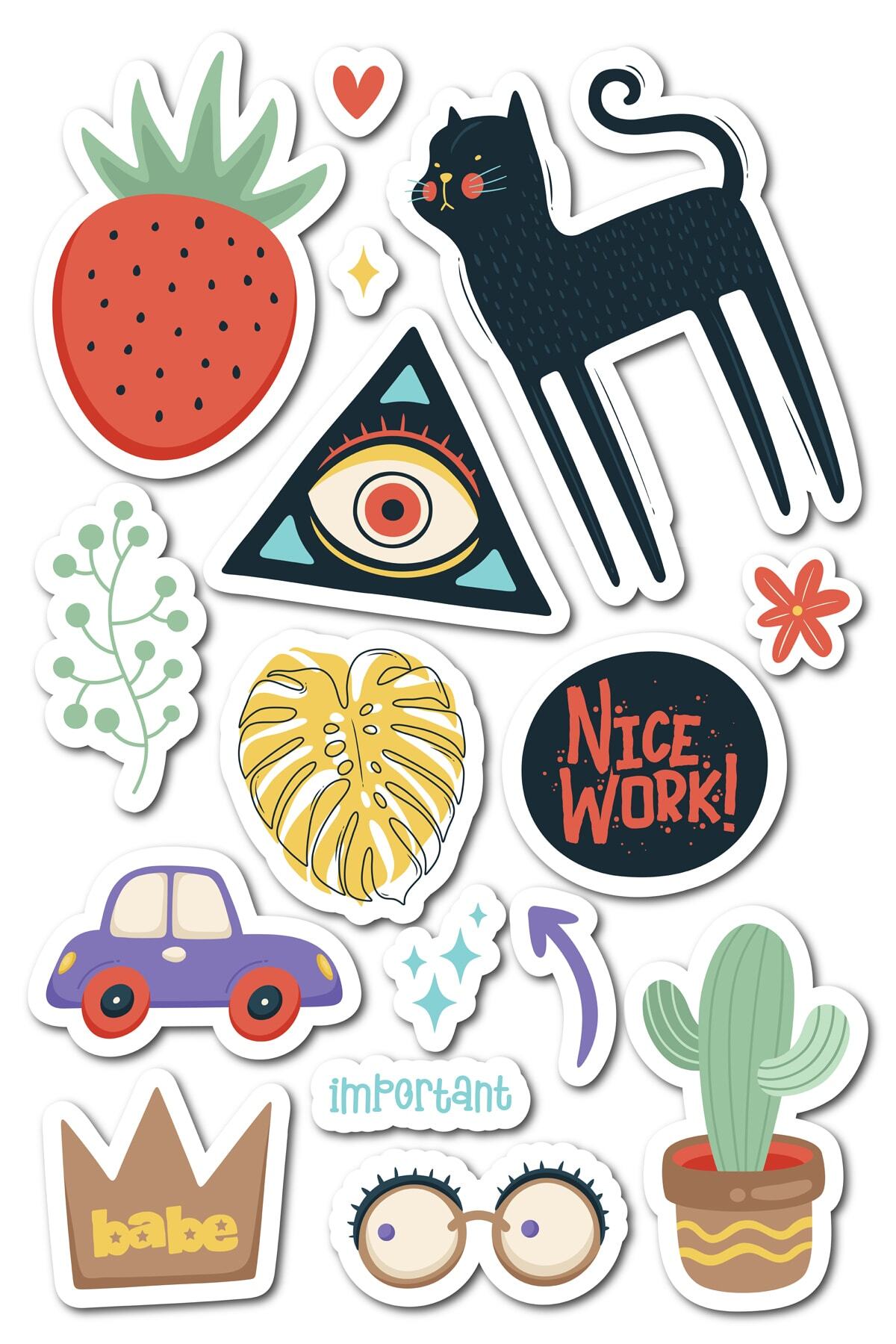 Çizim Temalı Sticker Seti - 14 Adet Etiket Seti- Telefon, Tablet, Defter Laptop Uyumlu Etiket