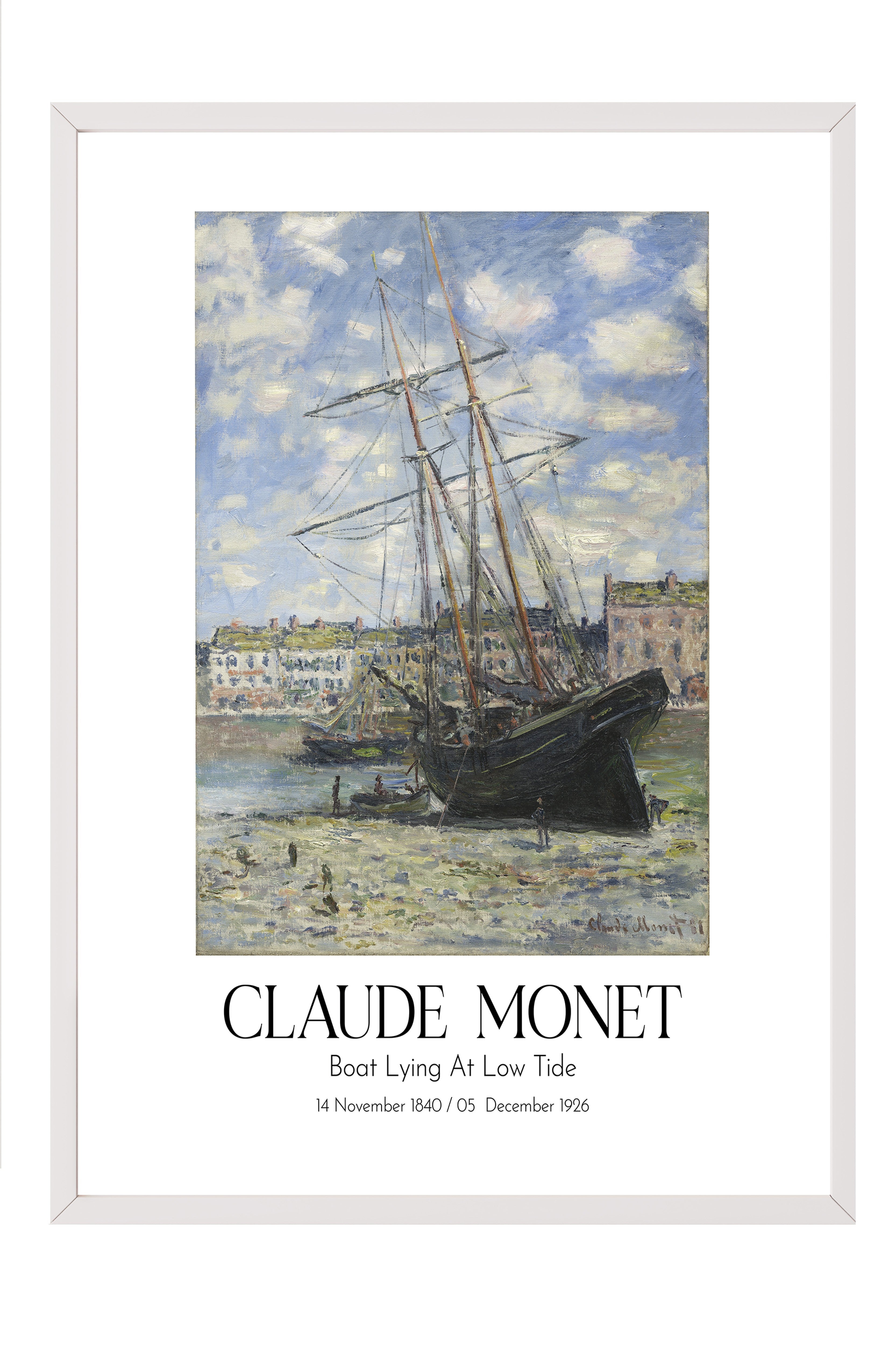 Claude Monet - Boat Lying At Low Tide, Beyaz Çerçeveli Tablo, Sanat Serisi NO:110299